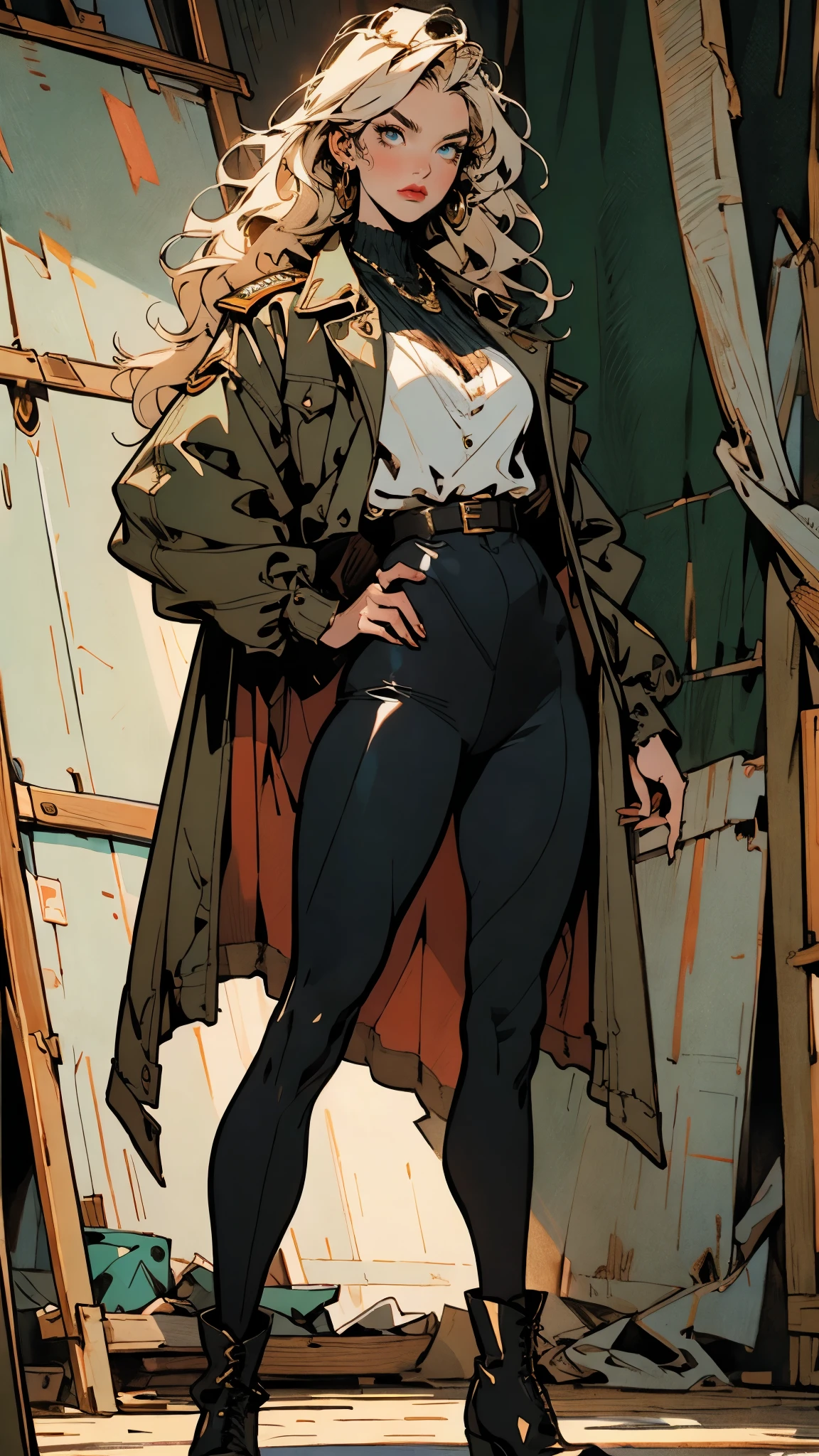 A woman with long platinum blonde hair, choppy bangs, arched crescent eyebrows, sharp and determined eyes, a delicate oval face, a serious expression, a fantasy-style dark green military coat, draped with a dark red waist-length cloak, military trousers, leather combat boots, silver greaves leggings, one hand on her hip, standing in a spacious training ground, this character embodies a finely crafted fantasy-style female military officer in anime style, exquisite and mature manga art style, pale skin, high definition, best quality, highres, ultra-detailed, ultra-fine painting, extremely delicate, professional, perfect body proportions, golden ratio, anatomically correct, symmetrical face, extremely detailed eyes and face, high quality eyes, creativity, RAW photo, UHD, 32k, Natural light, cinematic lighting, masterpiece-anatomy-perfect, masterpiece:1.5