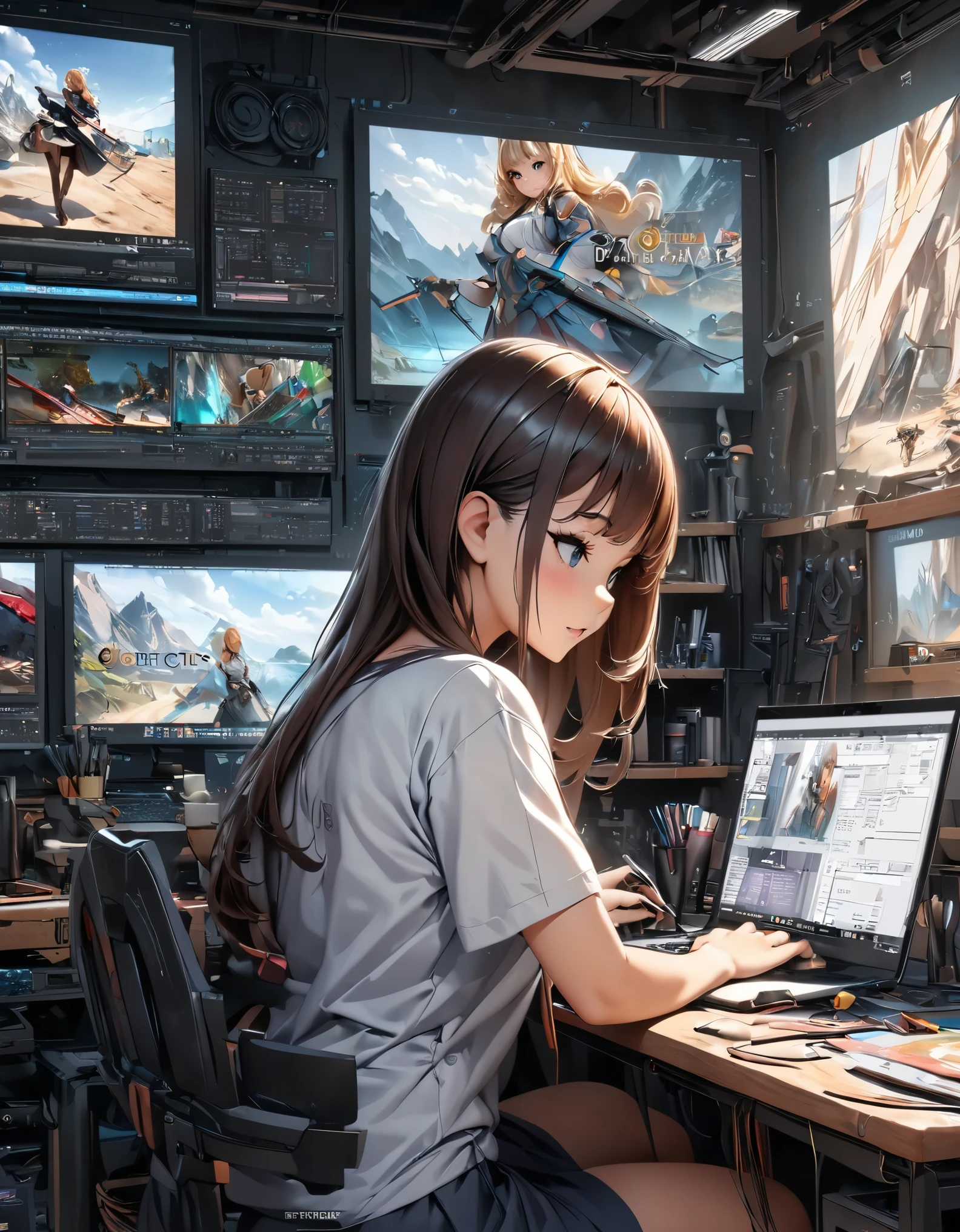(highest quality, 4k, 8K, High resolution, masterpiece:1.2), Super detailed, Vector art production scene, Vector art production screen, create a game character, line tools, brush tool, assigned control point, Curve sub tool, Creating vector art, design art, ((Girl working on PC, Active window displayed on screen)), High resolutionファイル, Graphics production workflow, Tool configuration window, work area, A screen with neatly arranged windows, Using the fill tool, Screen in progress.