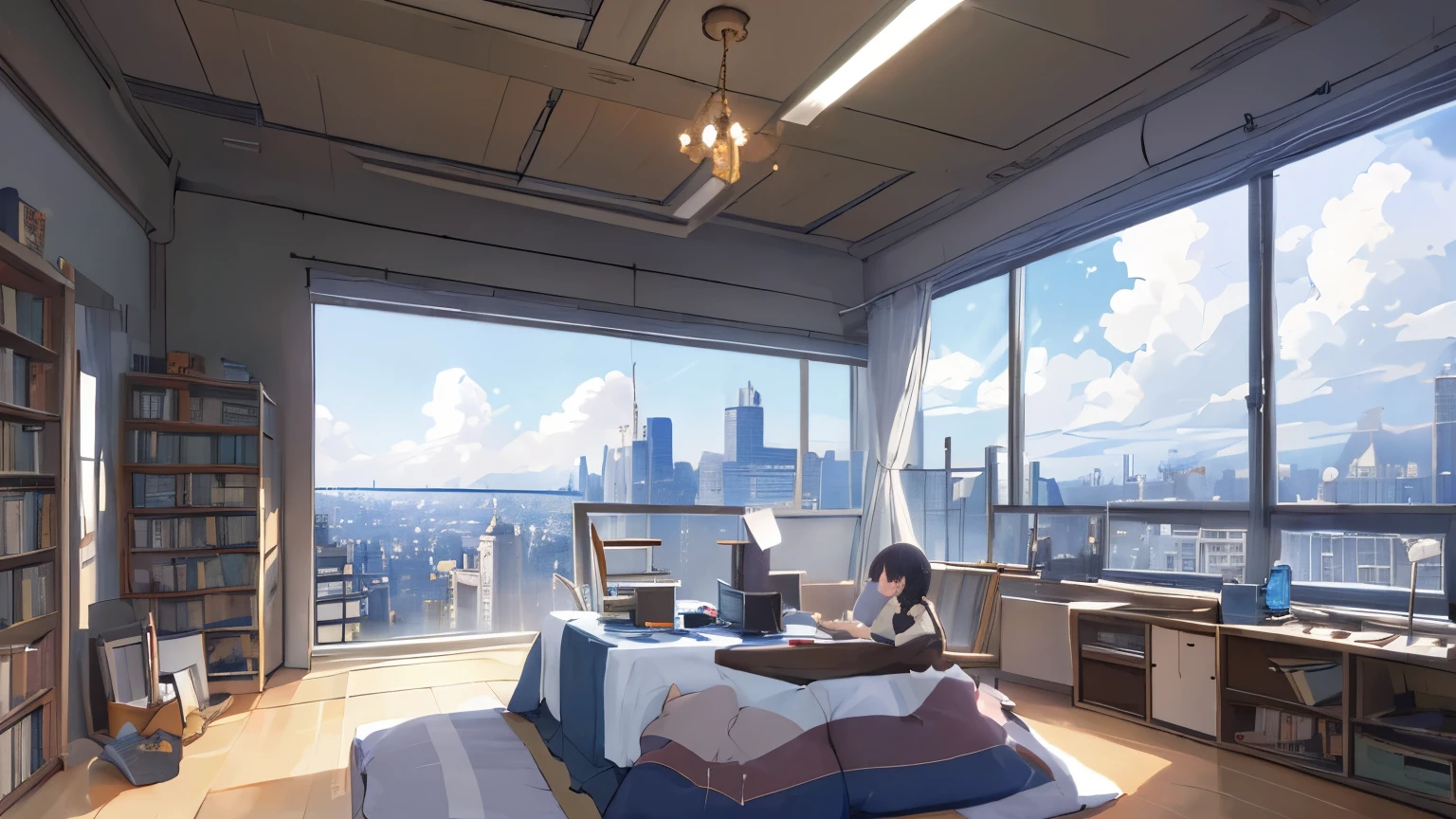 (masterpiece:1.2), highest quality,pixiv,cozy animation scene,
scenery, cityscape, city, nullscraper, building, window, cloud, null, food, indoors, computer, Book, bed, table, clock, pillow, there are no humans, Chair, cake, monitor, cup, dish, nullline, Liar