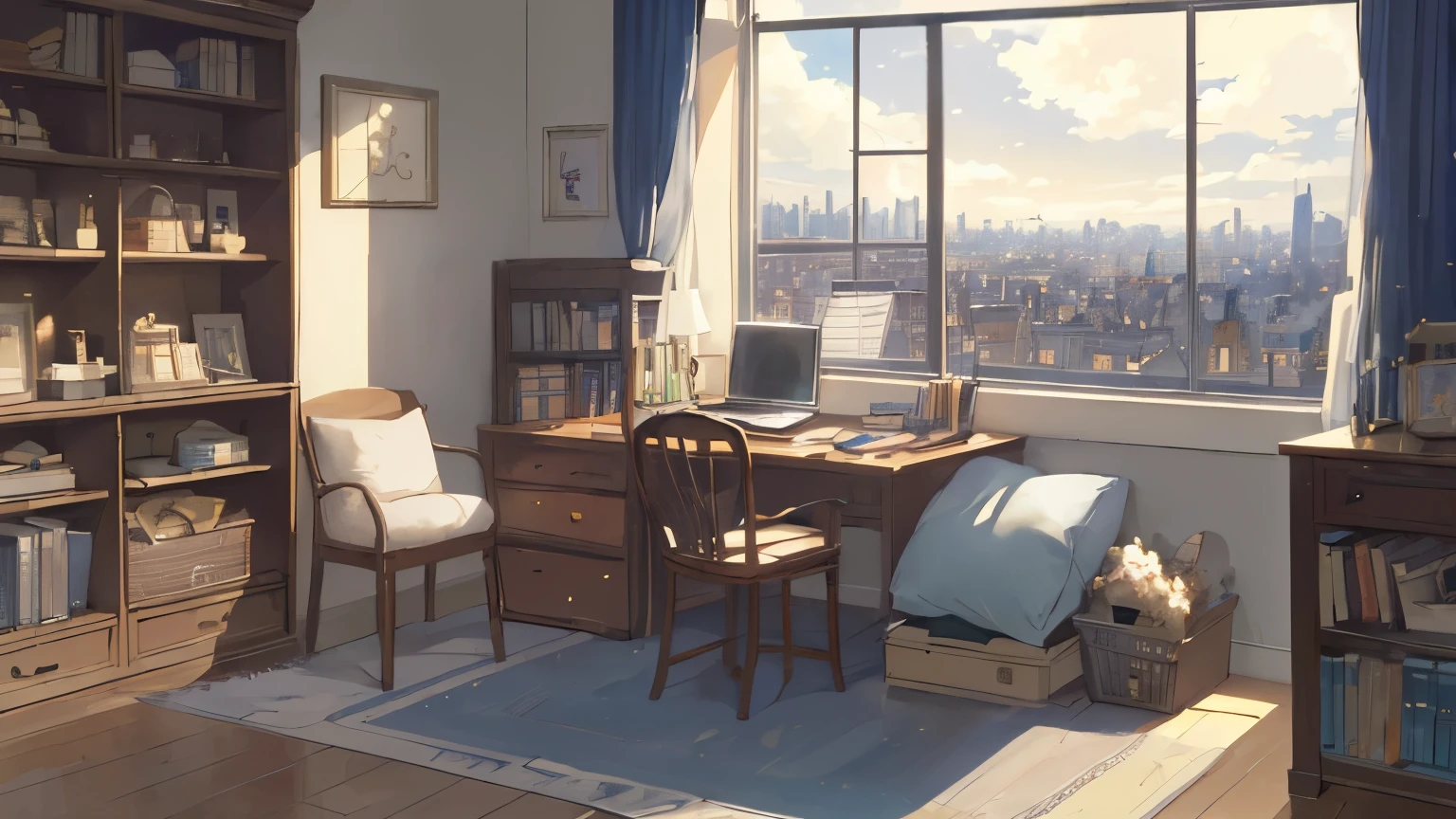 (masterpiece:1.2), highest quality,pixiv,cozy animation scene,
scenery, cityscape, city, nullscraper, building, window, cloud, null, food, indoors, computer, Book, bed, table, clock, pillow, there are no humans, Chair, cake, monitor, cup, dish, nullline, Liar