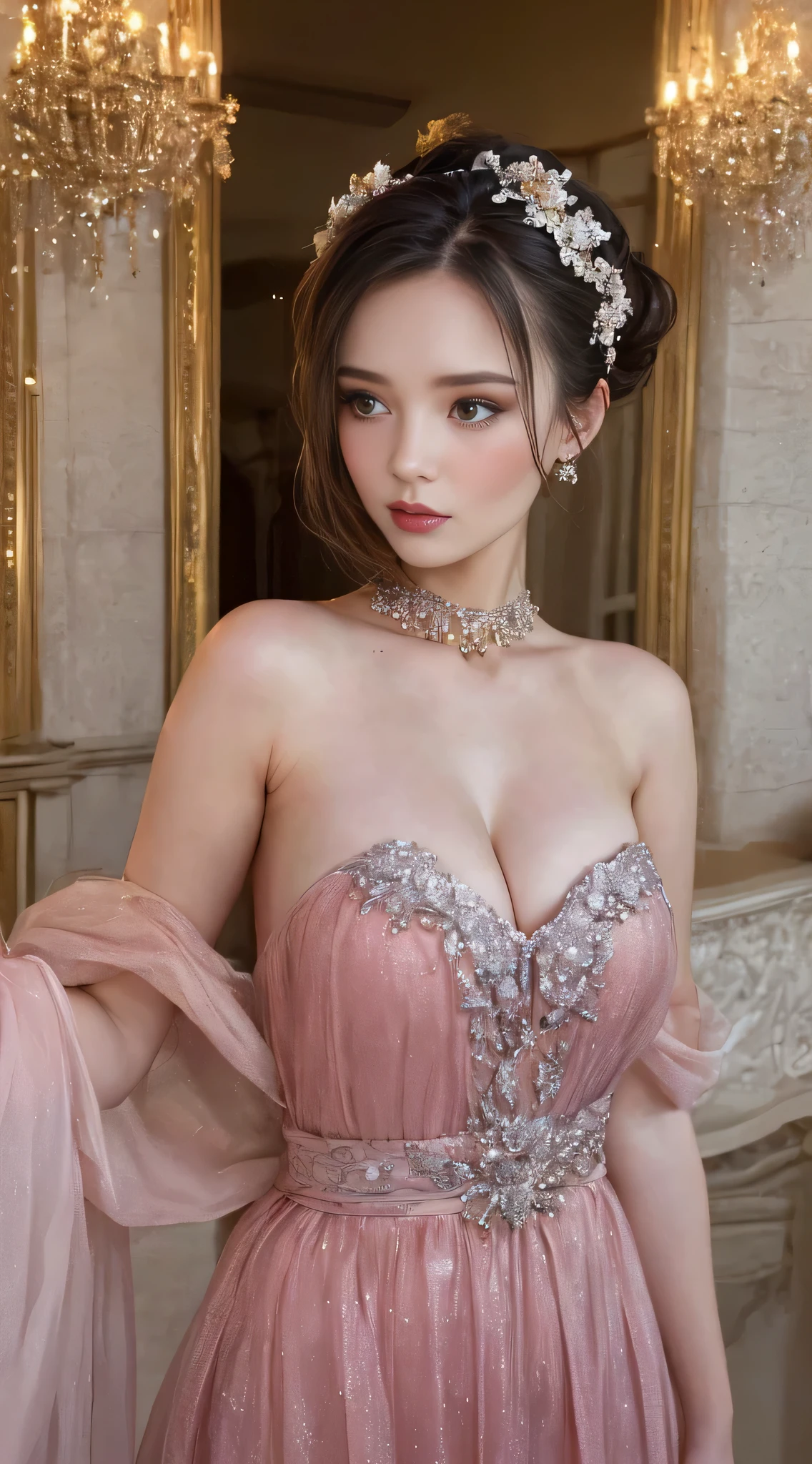 Woman, serious, elegant, pink dress, aristocratic, silver elements, long nails, bare shoulders, hairstyle, hair up, braid and ponytail, messy, arrogant, absurdes, detailed dress, royalty, celebration, hall decorated with flowers, cowboy shot, portrait, (best quality), (masterpiece), (highly detailed), (4k)