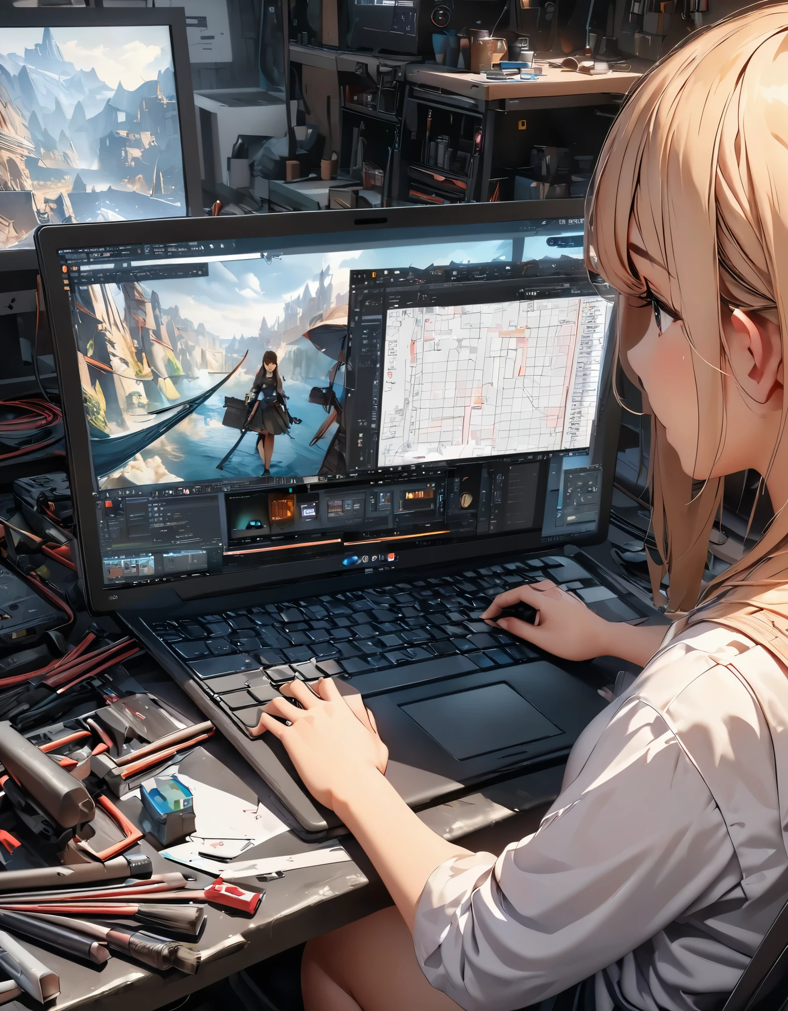 (highest quality, 4k, 8K, High resolution, masterpiece:1.2), Super detailed, Vector art production scene, Vector art production screen, create a game character, line tools, brush tool, assigned control point, Curve sub tool, Creating vector art, design art, ((Girl working on PC, Active window displayed on screen)), High resolutionファイル, Graphics production workflow, Tool configuration window, work area, A screen with neatly arranged windows, Using the fill tool, Screen in progress.