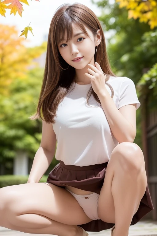 in 8K,Best Quality:1.4, 超A high resolution:1.5, (Photorealistic:1.4),​masterpiece:1.2,(top-quality:1.4)、 Raw photo、FULL BODYSHOT、 1 japanese girl, Cute, (Solo), (A slight smil), Smooth skin、(30-years old:1.4)、to stand、 (Brown medium hair,Bangs),、nogizaka、cute little、Beautiful  eyes、natural skin textures:1.3, realistic eyes and face details:1.7、middlebreasts、gazing at viewer、beauty legs、autumnal、portrait of a full body,(Squat down with one knee up、spread your legs.:1.5),(((skirt lift by myself))), (lifted by self), panties ,