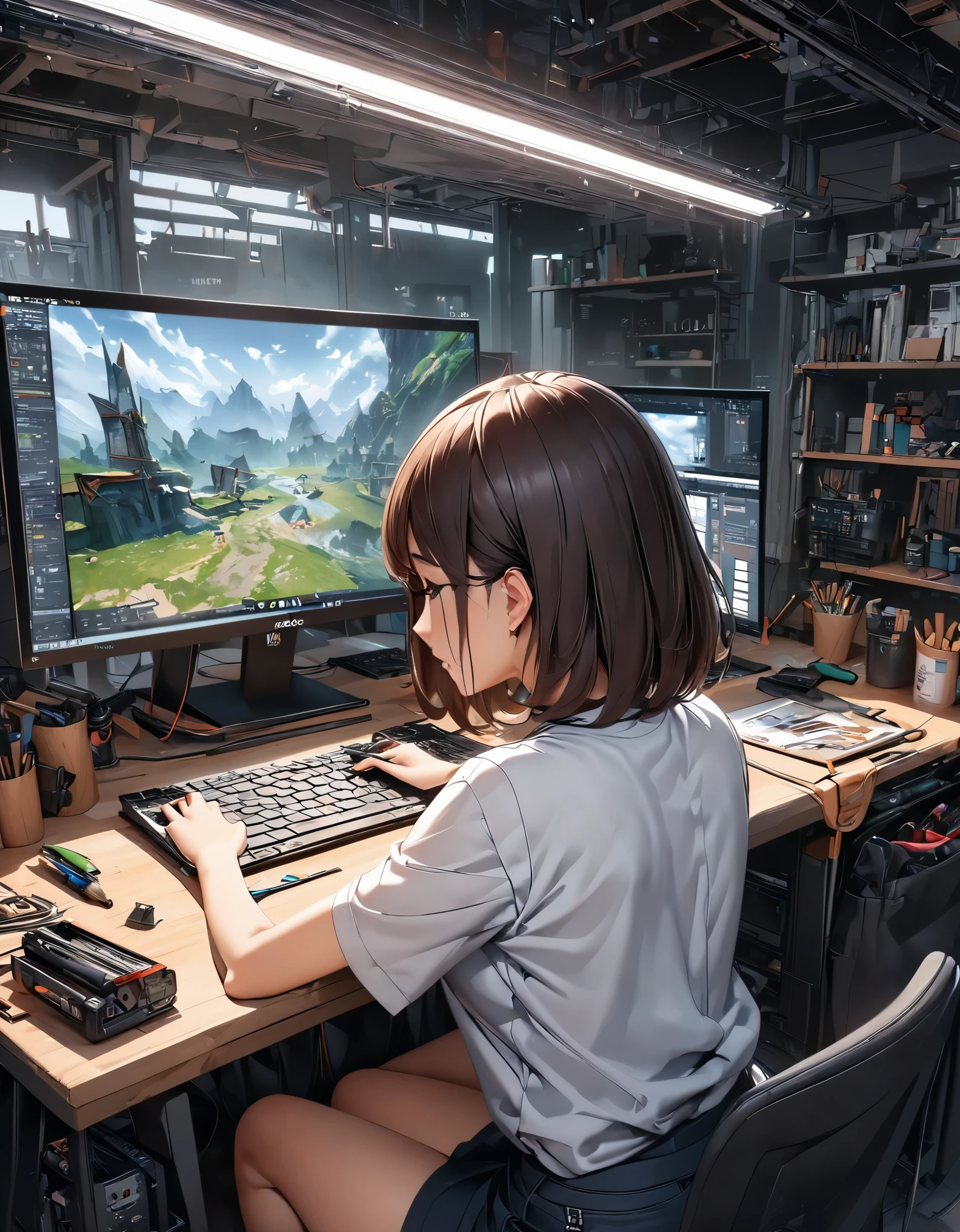 (highest quality, 4k, 8K, High resolution, masterpiece:1.2), Super detailed, Vector art production scene, Vector art production screen, create a game character, line tools, brush tool, assigned control point, Curve sub tool, Creating vector art, design art, ((Girl working on PC, Active window displayed on screen)), High resolutionファイル, Graphics production workflow, Tool configuration window, work area, A screen with neatly arranged windows, Using the fill tool, Screen in progress.