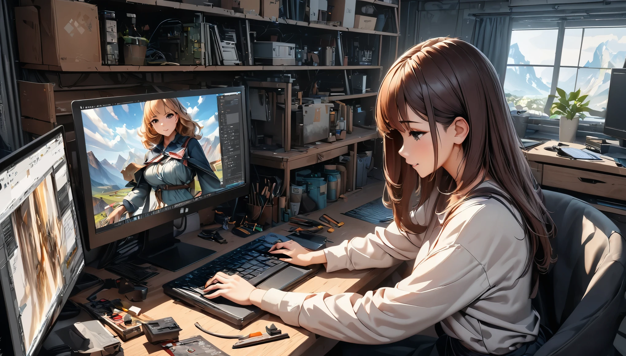 (highest quality, 4k, 8K, High resolution, masterpiece:1.2), Super detailed, Vector art production scene, Vector art production screen, create a game character, line tools, brush tool, assigned control point, Curve sub tool, Creating vector art, design art, ((Girl working on PC, Active window displayed on screen)), High resolutionファイル, Graphics production workflow, Tool configuration window, work area, A screen with neatly arranged windows, Using the fill tool, Screen in progress.