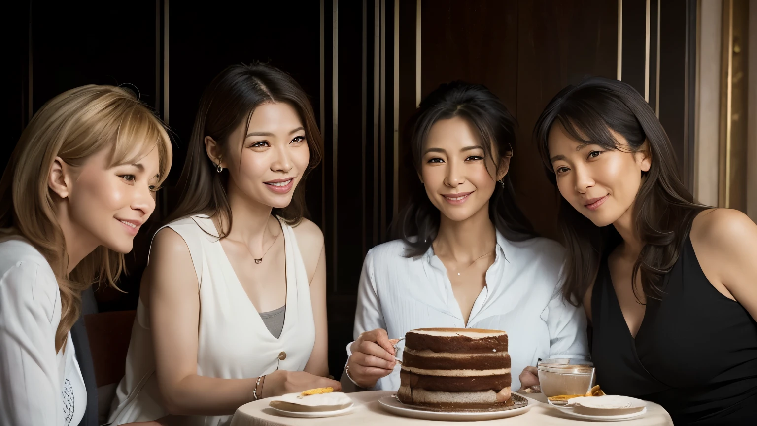 NSFW, ((Top Quality)), ((8K)), ((Masterpiece: 1.3)), (Perfect Appearance), (Photorealism: 1.2), ((3 women having a chat)), ((3 women)), (Cafe lounge), (round low table, three sofas), (Table top, with 3 coffee and cake sets on it), (3 women sitting on a sofa),
Japanese 3 women, (3 women, 55 and 32 and 46 years old), Realistic skin texture, Fine wrinkles throughout the skin, Dull skin, Skin without moisture, Wrinkles on the face, Wrinkles on the corners of the eyes, Double eyelids, tear bags on the lower eyelids, Crying moles, Lips are thinly opened, The corners of his mouth are raised and he smiles gently, Dimples, medium long hair, ((whole body)),
