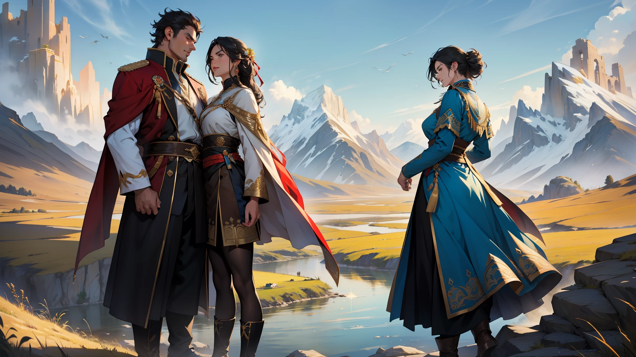 An intimate encounter between a man and a woman unfolds in a heartwarming and enchanting scene on the steppe of central Asia. The banks of the great river sparkle in the sunlight, creating a fantastic and majestic continental scenery that sets the stage for their romantic moment. With the magnificent and vast continental backdrop, they stand facing each other, their heights and unique physical characteristics adding to the intrigue and allure of the scene.
The man, tall and proud, is the emperor of the nomadic empire of the steppes. His dark hair frames his striking, masculine face, and he wears an ultramarine costume, richly decorated with intricate golden