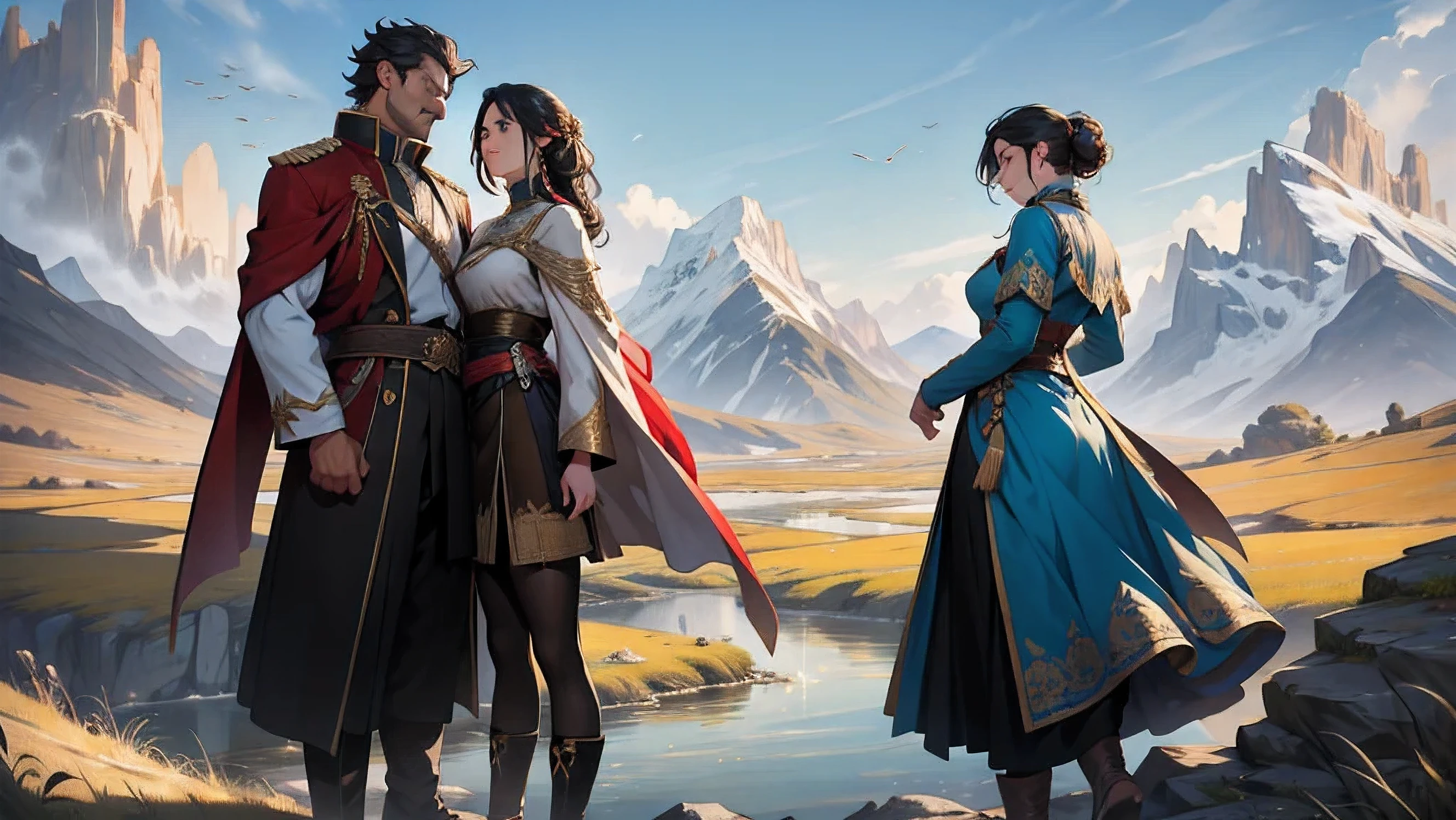 An intimate encounter between a man and a woman unfolds in a heartwarming and enchanting scene on the steppe of central Asia. The banks of the great river sparkle in the sunlight, creating a fantastic and majestic continental scenery that sets the stage for their romantic moment. With the magnificent and vast continental backdrop, they stand facing each other, their heights and unique physical characteristics adding to the intrigue and allure of the scene.
The man, tall and proud, is the emperor of the nomadic empire of the steppes. His dark hair frames his striking, masculine face, and he wears an ultramarine costume, richly decorated with intricate golden