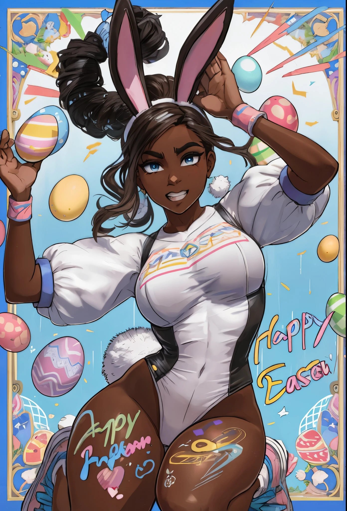 "happy easter" text, (strong,attractive and perfect bunny girl, connie maheswaran, easter magazine cover, Easter bunny bodypaint with bunny ears and cotton tail, easter bunny celebration, raining easter eggs, breakdancing) ((perfect eyes, perfect face, perfect body, perfect hands, perfect charm)), ultra realistic human details, ultra quality, 16k, perfect face, perfect eyes, perfect body, perfect hands, perfect charm, ultra-detail, 3d ,hyper-detailed, splash art, motion lines, award-winning masterpiece, impact frame, Cinematography, cel-shaded, mixed media, amazing quality, incredibly aesthetic, incredible absurdres, incredibly sharp gradients, deep highlights, warm tones, rich shading, atmospheric shading, FULLY RENDERED, UHD, HDR, hyper-stylistic, motion details, intricate character design detail, Life-size-body, dynamic angle, dynamic pose, rule of third, dynamic perspective, dynamic Line of action, dynamic scenery, atmospheric lighting, 717gigapixels, high quality, high resolution, overhead