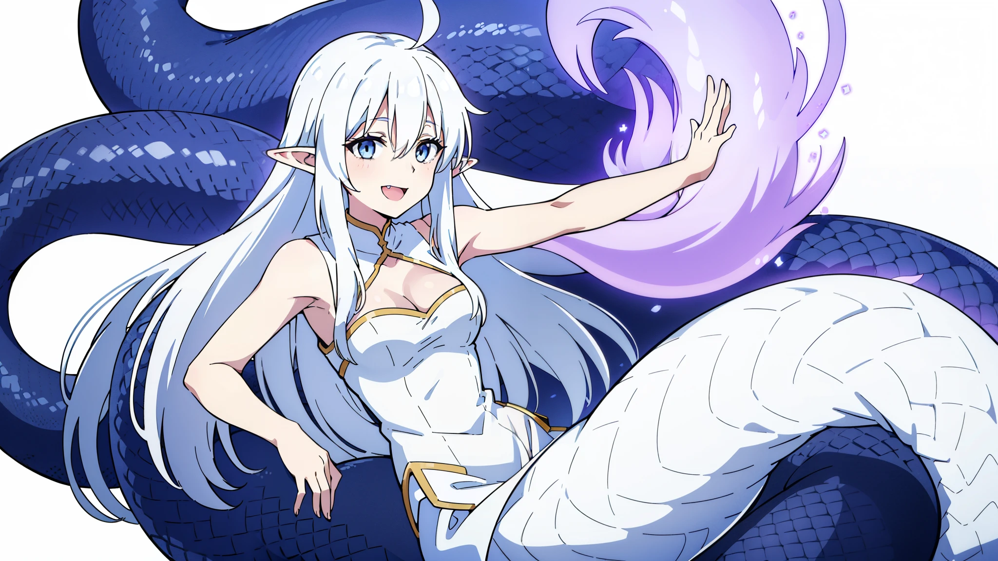1girl,s,smile,long hair,white hair,ahoge,lamia tail,lamia tail,(white background),pointy ears,sleeveless,white shirt,(little cleavage),happy,smile,open mouth,