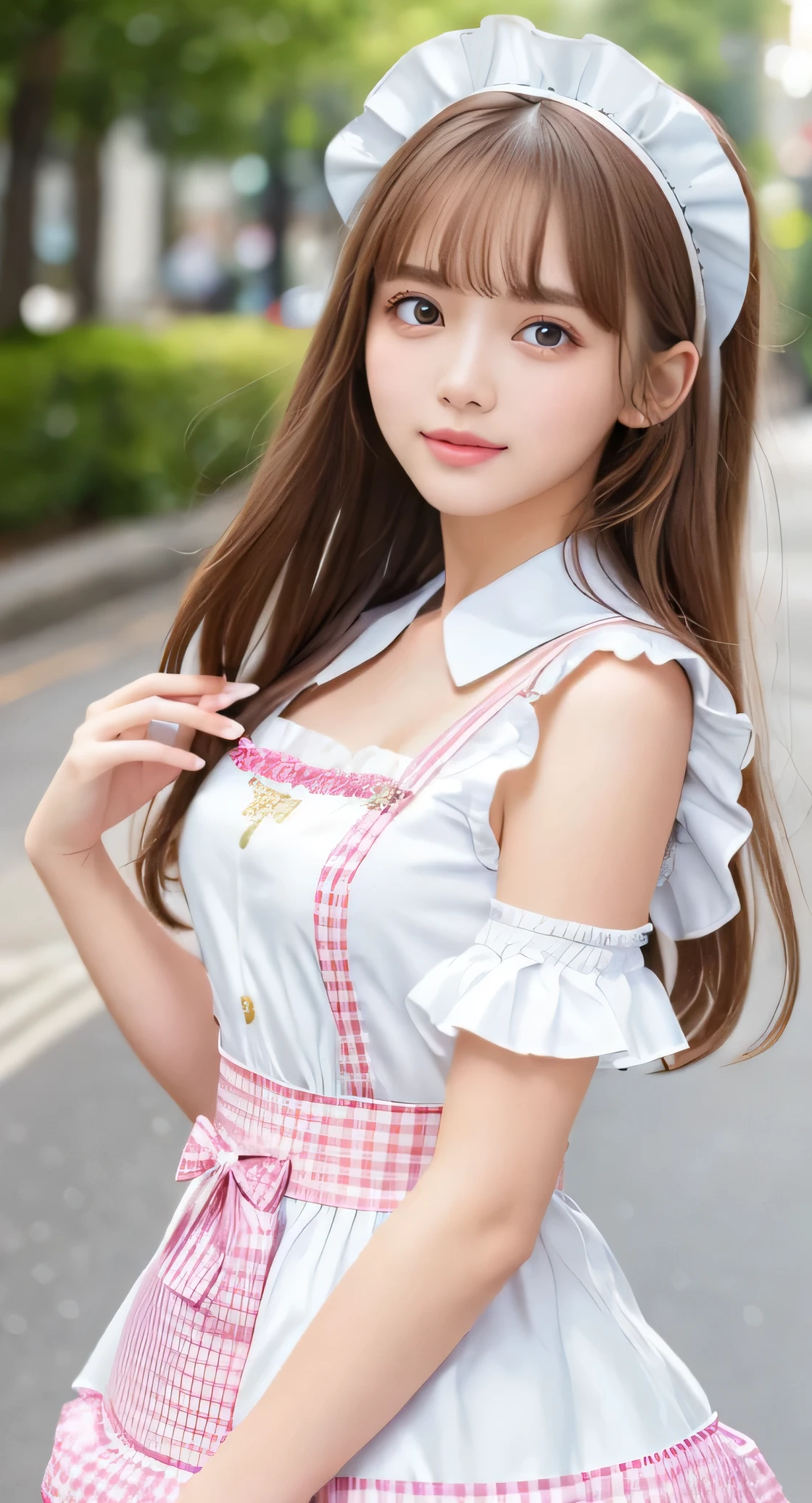 Angelic very beautiful cute young girl,
Beautiful detailed eyes, 
Detailed double eyelids,
(Soft Saturation: 1.3), 
(Fair skin: 1.3),v-line jaw,
(Large eyes:1.4),
Long straight brown hair, 
see-through bangs,(17 yo:1.3),
Sharp Focus,
beautiful detailed face and eyes, 
drooping eyes,
small straight nose,
small mouth, 
happy smiling with visible teeth, 85mm lens, F/8.0,BREAK (Super shiny white and metallic pink gingham maid costume :1.3),Walking,Brown hair ,(Costumes with strong reflective surfaces:1.4),
(Best Quality:1.2),(ginghham Maid  costume:1.5),
Raw photo, 
High resolution, 
perfect  detail, 
Professional Photography, 
Professional Lighting,
Powerful lighting of the costume,In the street