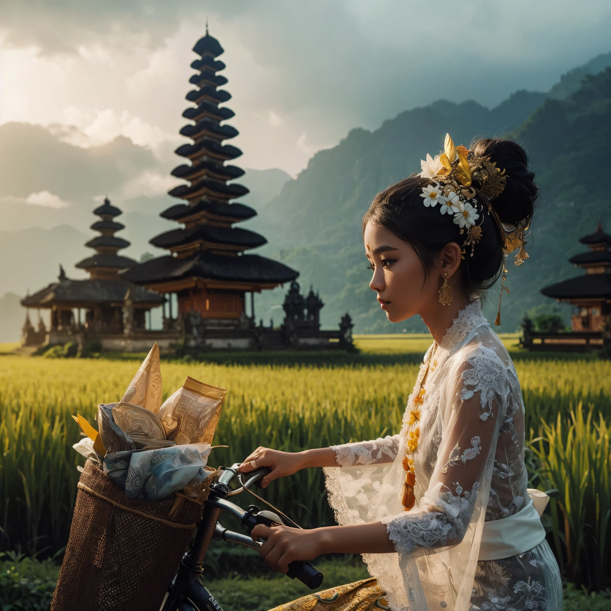 8k Uhd, Dslr,Film Grain, Fujifilm XT3,(Best Quality:1.3), (Masterpiece:1.1), ((face detail)) High Resolution, Cinematic Light, Intricate Details, (Photorealistic) create a realistic photography of sacred magical exotic scenery of bali temple in rice field hill in the morning breeze, there are local asian balinese girl ((detail pretty exotic indonesian malay face)) short hair with braids, wearing local traditional white transparent kabaya & batik cloths ride a old bicycle