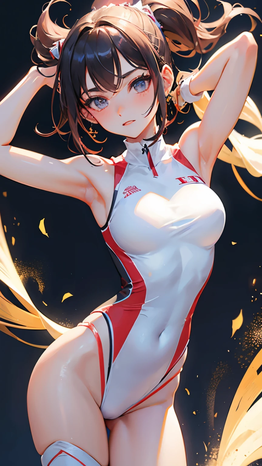 best quality, super fine, 16k, beautiful woman, short ponytail, excited look, (slender:1.5), white rhythmic gymnastics uniforms with (gold embroidery:0.1), graceful dancing, wind, wind-effects, background simple, fantastic and mysterious, professional lighting