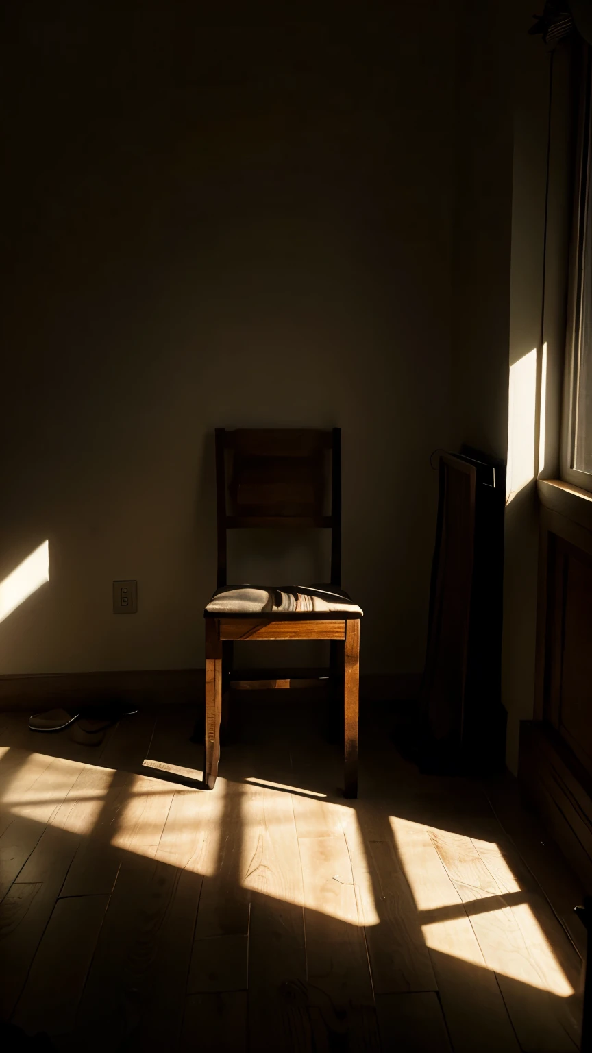 A dimly lit room with a single chair in the center. The room is filled with shadows, creating an atmosphere of introspection and contemplation