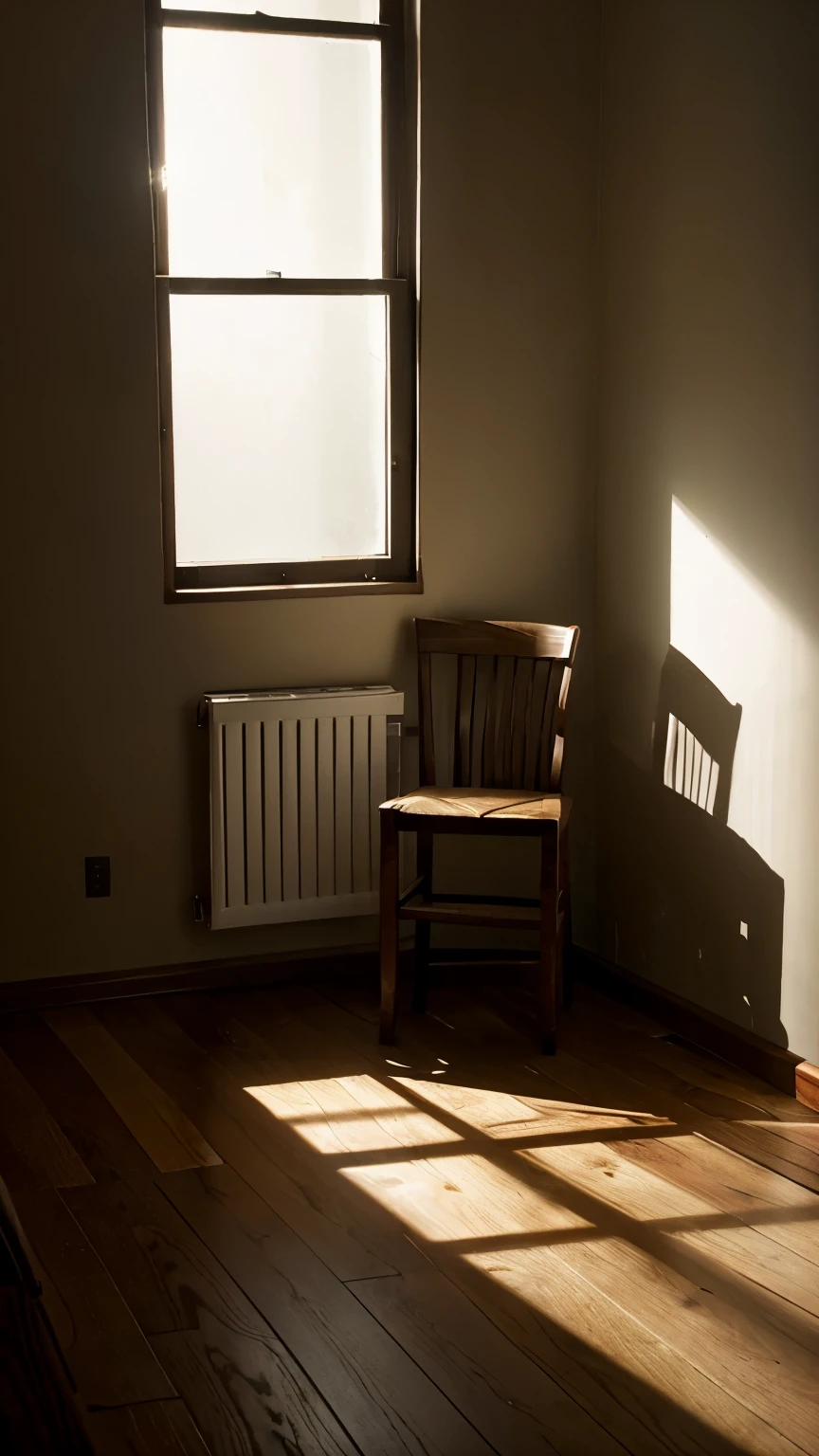 A dimly lit room with a single chair in the center. The room is filled with shadows, creating an atmosphere of introspection and contemplation