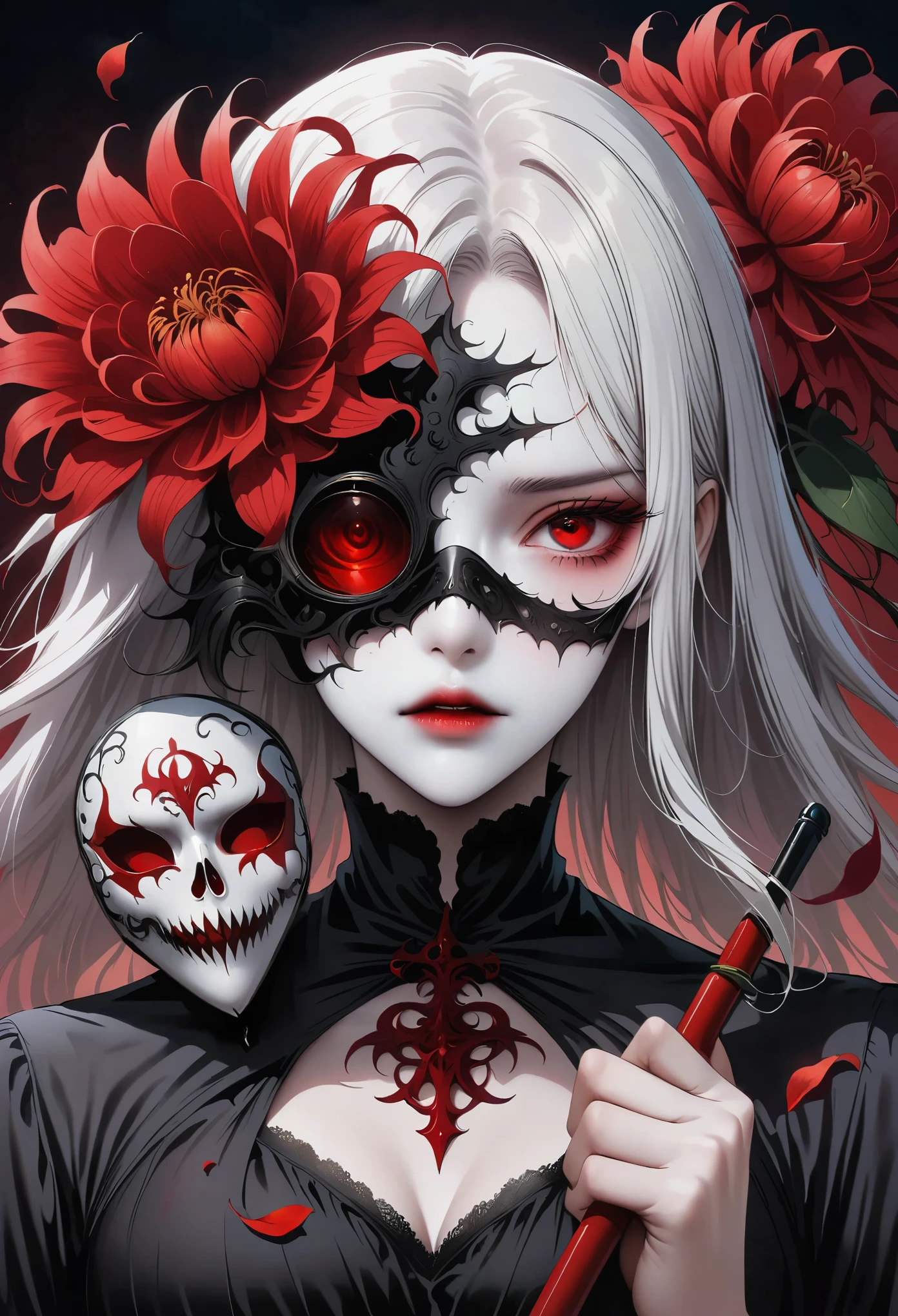 Unique Demonic Ghoul, depressed, Surreal, anime reality,anime girl, dark gothic style,thin waist, high dynamic range,(clusteramaryllis,Shorttube Lycoris,stonegarlic,Lycorisradiata:1.5),(Red chrysanthemum,filamentous petals,Flower of the other shore:1.5)