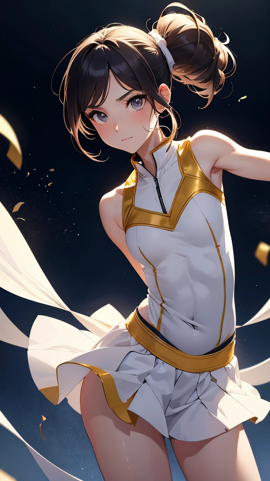 best quality, super fine, 16k, beautiful woman, short ponytail, excited look, (scrawny:1.5), white rhythmic gymnastics uniforms with (gold embroidery:0.1), graceful dancing, wind, wind-effects, background simple, fantastic and mysterious, professional lighting