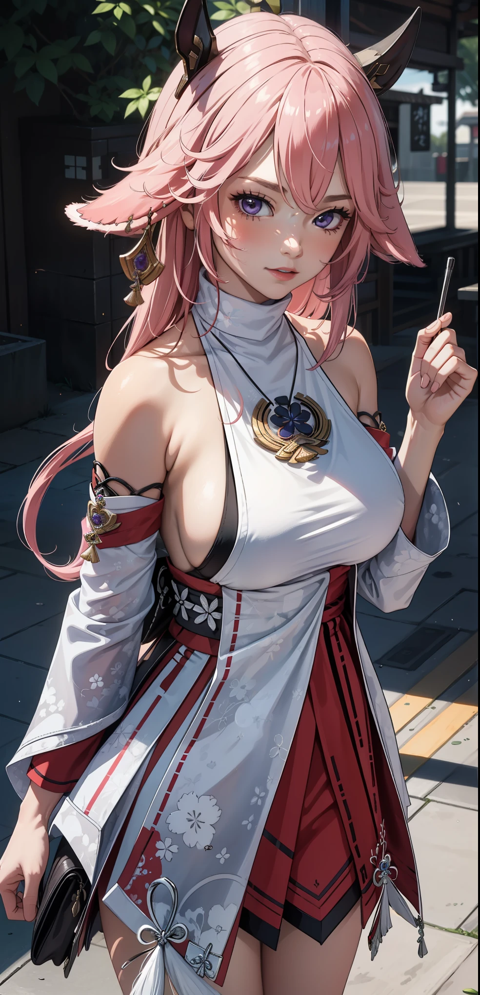 Masterpiece, high quality, 8k, ultra detailed, detailed face, (huge breast), standing, blush, bright eye, outdoors, (detail face), yaemikodef, stand up straight, showing armpit