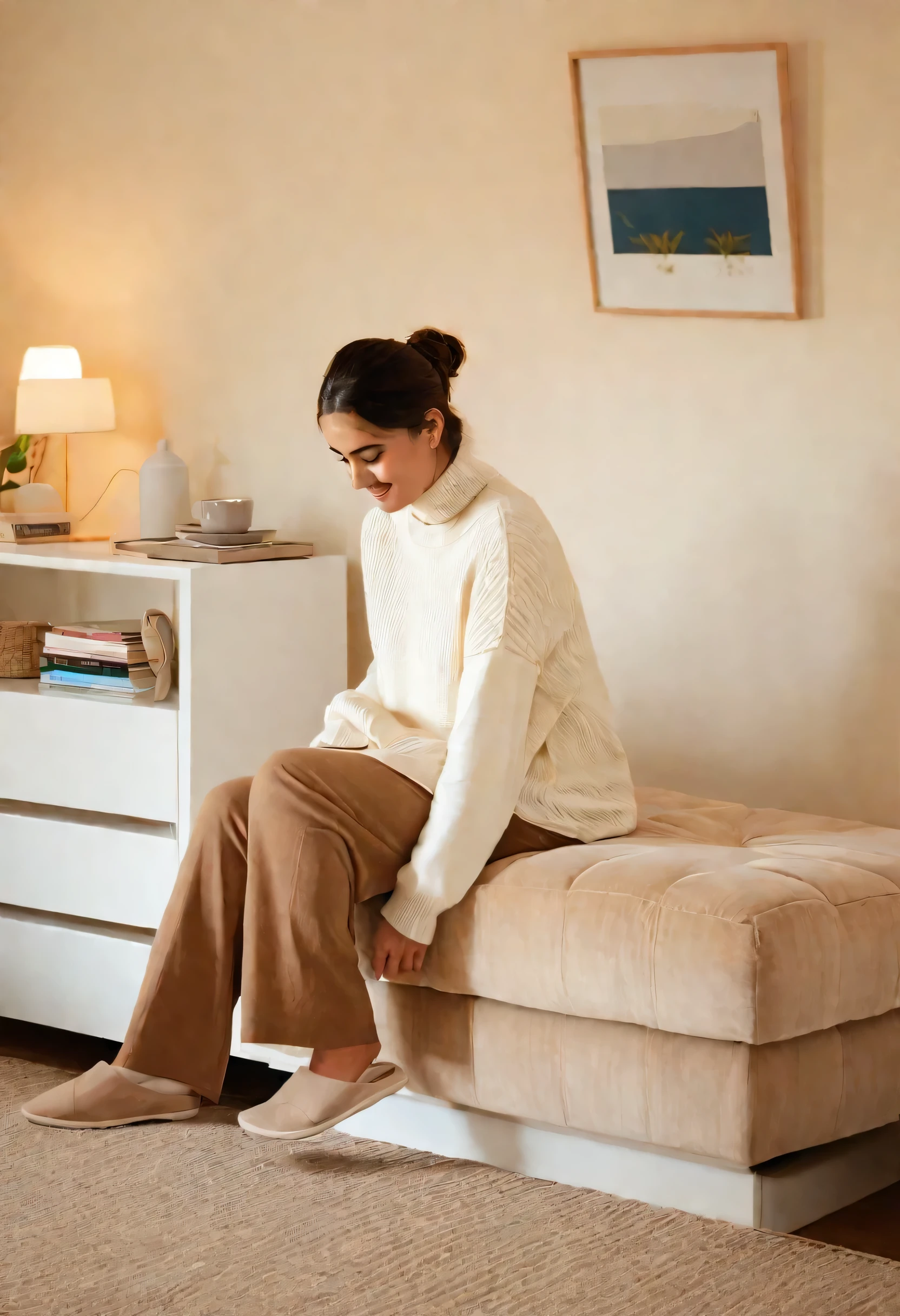 arafed woman sitting on a footstool in the living room, Designed for comfortable aesthetics!, light brown, Very comfortable], sitting in bedroom, sitting on bed, sit on the edge of the bed, cream colored room, Instagram photos, in the living room, Sitting on the sofa, furniture overturned, Me too, sit on the edge of the bed