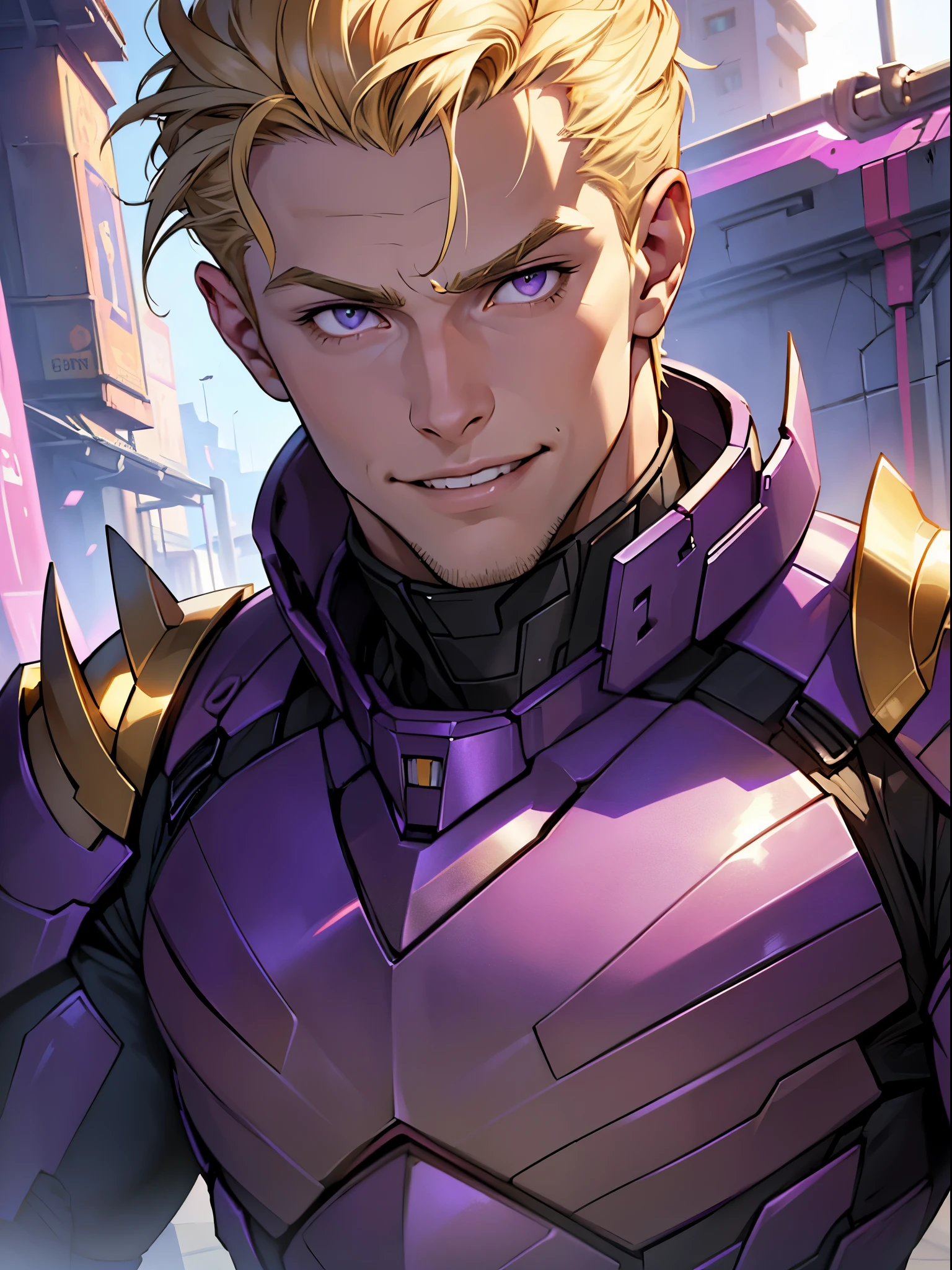 ((Best Quality, 8K, Masterpiece)), ((1man, tall, muscular, handsome)), short blonde hair, clean shaven, purple eyes, purple and gold armor, beautiful smile, sci-fi setting, gorgeous lighting