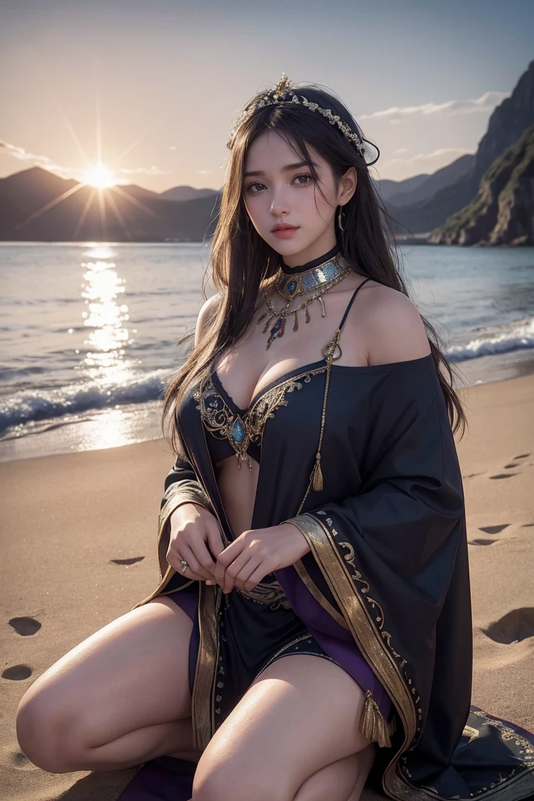 masterpiece,best quality,1girl,Ultra-realistic 8k CG,masterpiece,best quality,(photorealistic:1.4),HDR,absurdres,Professional,RAW photo,lens flare,(film grain:1.1),Bokeh,((Depth of field)),studio light, a woman is kneeling down and ,1girl, black_hair, day, from_side, horizon, lake, lips, long_hair, long_sleeves, mountain, nose, ocean, outdoors, river, scenery, shore, sky, snow, solo, sunrise, upper_body, water, waves, Highly detailed,Professional,extreme detail description;,, masterpiece,best quality,1girl,__character__, solo, upper body, looking down, detailed background, detailed face, (tropical jungle theme:1.1) middle-eastern desert ruler, dark purple arabic garments, ornate jewels, shawl, geometric motifs walking,  arabic culture, cliffs in background,  sunshine,  cinematic atmosphere,,(((girl))),Large breasts,
