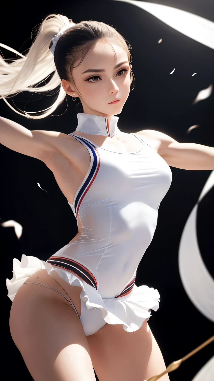 best quality, super fine, 16k, beautiful woman, white short ponytail, amorous and lewd expression, (scrawny:1.5), white rhythmic gymnastics uniforms with (gold embroidery:0.2), graceful dancing, wind, wind-effects, background simple, fantastic and mysterious, professional lighting