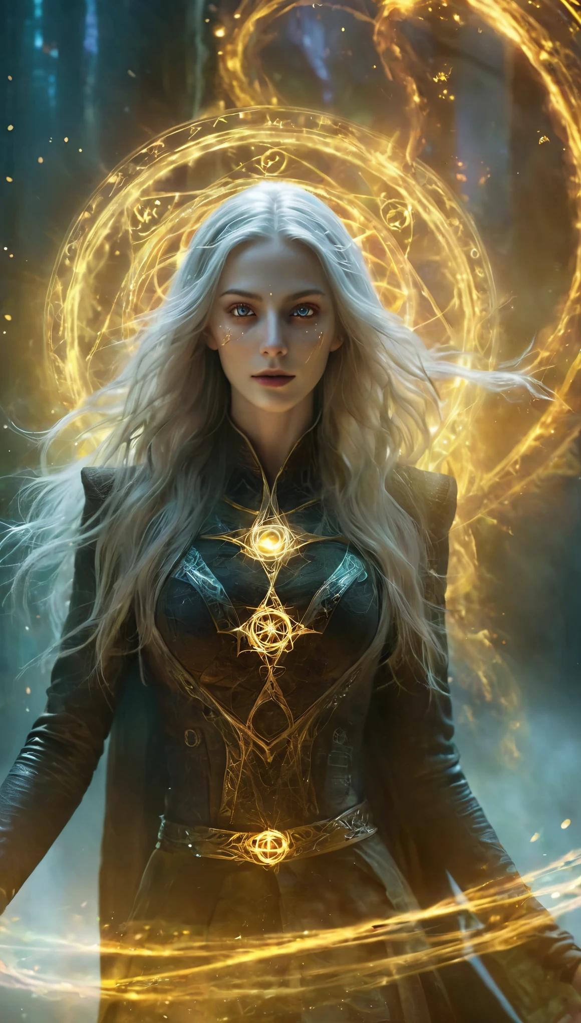 1 girl,adult (elven:0.7) woman,freckles,yellow eyes,gray long hair,
solo,half shot,looking up,detailed background,detailed face,(glowing eyes:1.05),dilated pupils,summoner,unholy,intricate necromancer clothes,amulet,conjuring,movement,evil smile,ritual,pentagram,surrounded by dark  dark magical inscriptions,red swirling summoning energy,(style-swirlmagic:0.7),calling forth evil power,tower background,dark glowing aura,ethereal atmosphere,magic circle,magic array,magic circles,