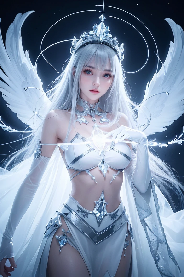 rotational symmetry,angelcore,(cowboy shot),minimalist compositions,(spirit:1.2),Female magician,Exquisite crystal headdress, exquisite crystal armor,Electroluminescent Wire,Dreamy Glow,conceptual digital art, white,(Very detailed, reasonable design, Clear lines, High sharpness,best quality, masterpiece, 4K )