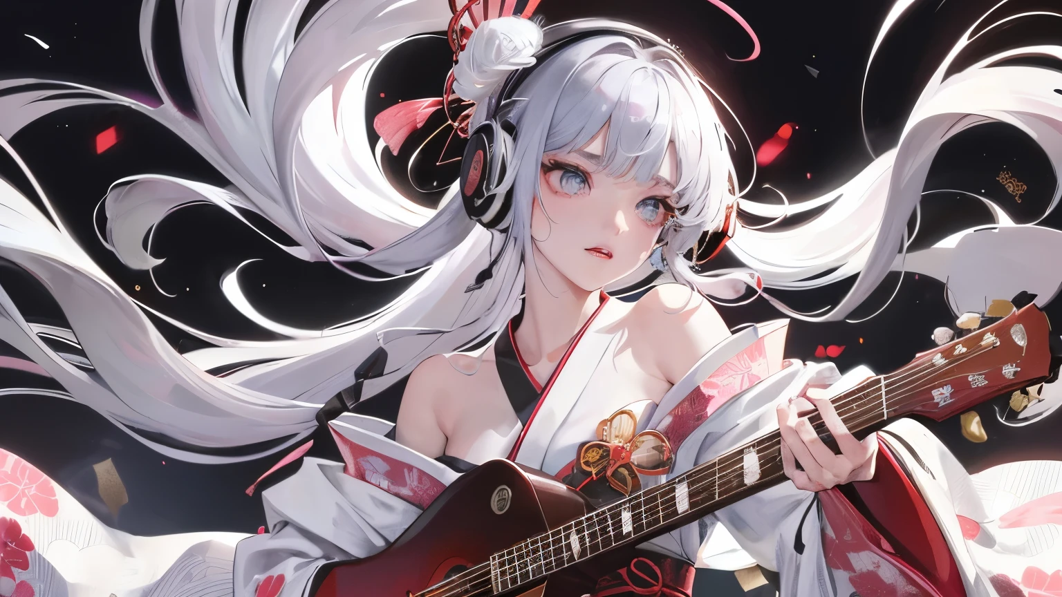 beautiful女性らしい，iridescent bright long hair waves，Playing guitar while listening to music through headphones，Wearing off-shoulder tops，colorful clear eyes，with a naughty look，Best image quality of Tiny Face v1，works of masters，very delicate beautiful girl,silver hair,clean blurred background,big and bright eyes,supple, fair, transparent skin,Irregular Japanese kimono with flashy red and black embroidery in Japanese style，real and realistic,exquisite and perfect facial features,pink lips,beautiful, 優しくてbeautiful女の子,smooth hair,charming temperament,very detailed,realistic details,Elegant lines,Listening to Songs with Headphones，ultra hd wallpaper,very wide angle shot,The moonlight was shining brightly，full moon，Beni Manchuria Saka，bust,A building that looks like a Japanese entertainment district,Images for YouTube