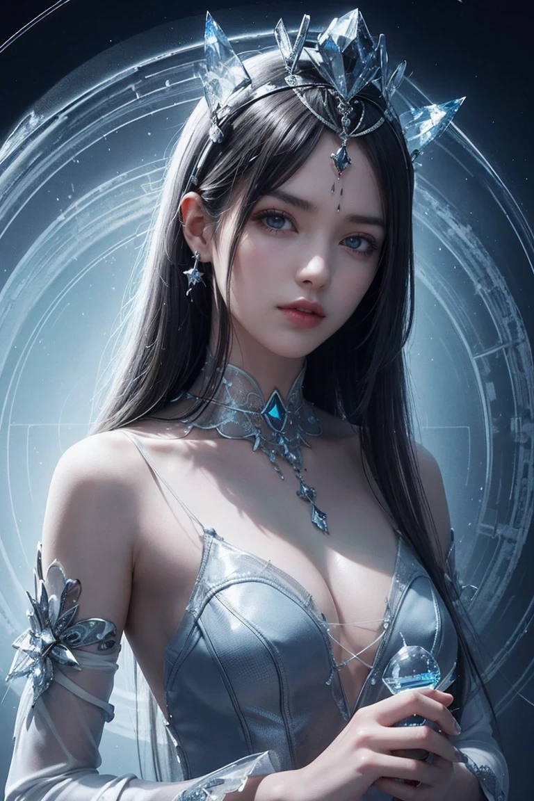rotational symmetry),Stephen Gammell,(cowboy shot),minimalist compositions,ocean waves,Female magician,Exquisite crystal headdress, exquisite crystal armor,Electroluminescent Wire,Dreamy Glow,conceptual digital art, Azure blue and gray,(Very detailed, reasonable design, Clear lines, High sharpness,best quality, masterpiece, 4K )