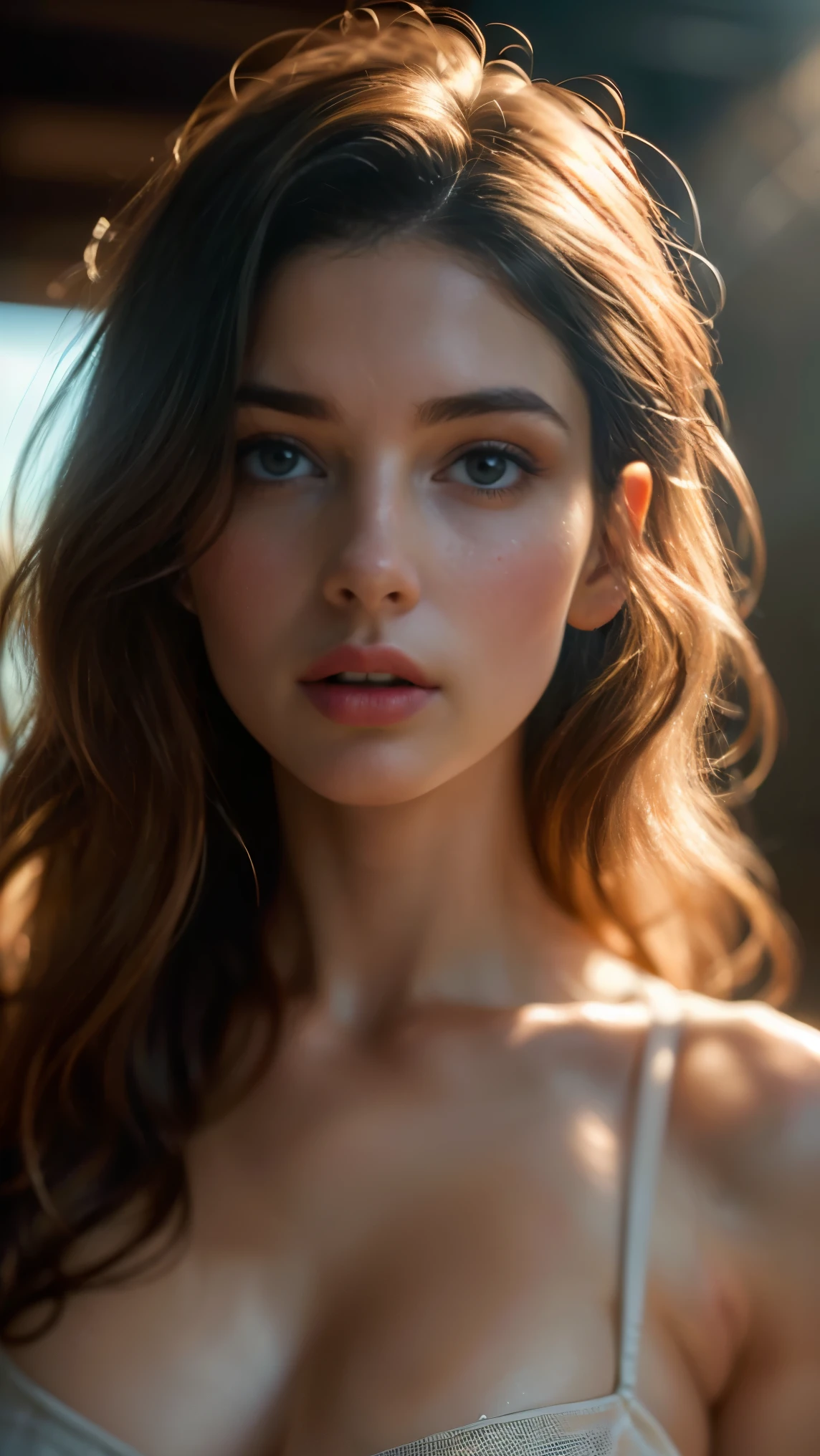 (((ultra realistic))) Photo, masterpiece, top quality, (pale skin), (Ultra detailed face and eyes:1.3), 1 girl, Adult, in a T-shirt, (Eye makeup, mascara) , ((large detailed lips)), ((ash wavy hair)), ((Chyolka)) , (Natural breasts), Slim waist. ((Posing)), photoshoot, studio (soft lighting), (The play of light and shadows), depth of field, bokeh, (special attention to skin detail: 1.2), Detailed leather texture, skin pores. (Airy atmosphere of the frame. Color range - delicate, Bright, white, Pink tones), UDR, ((Film grain)), ((rays)), ((glare of the sun)), ((waist up portrait, close to the camera)) , ultra detialed, 
