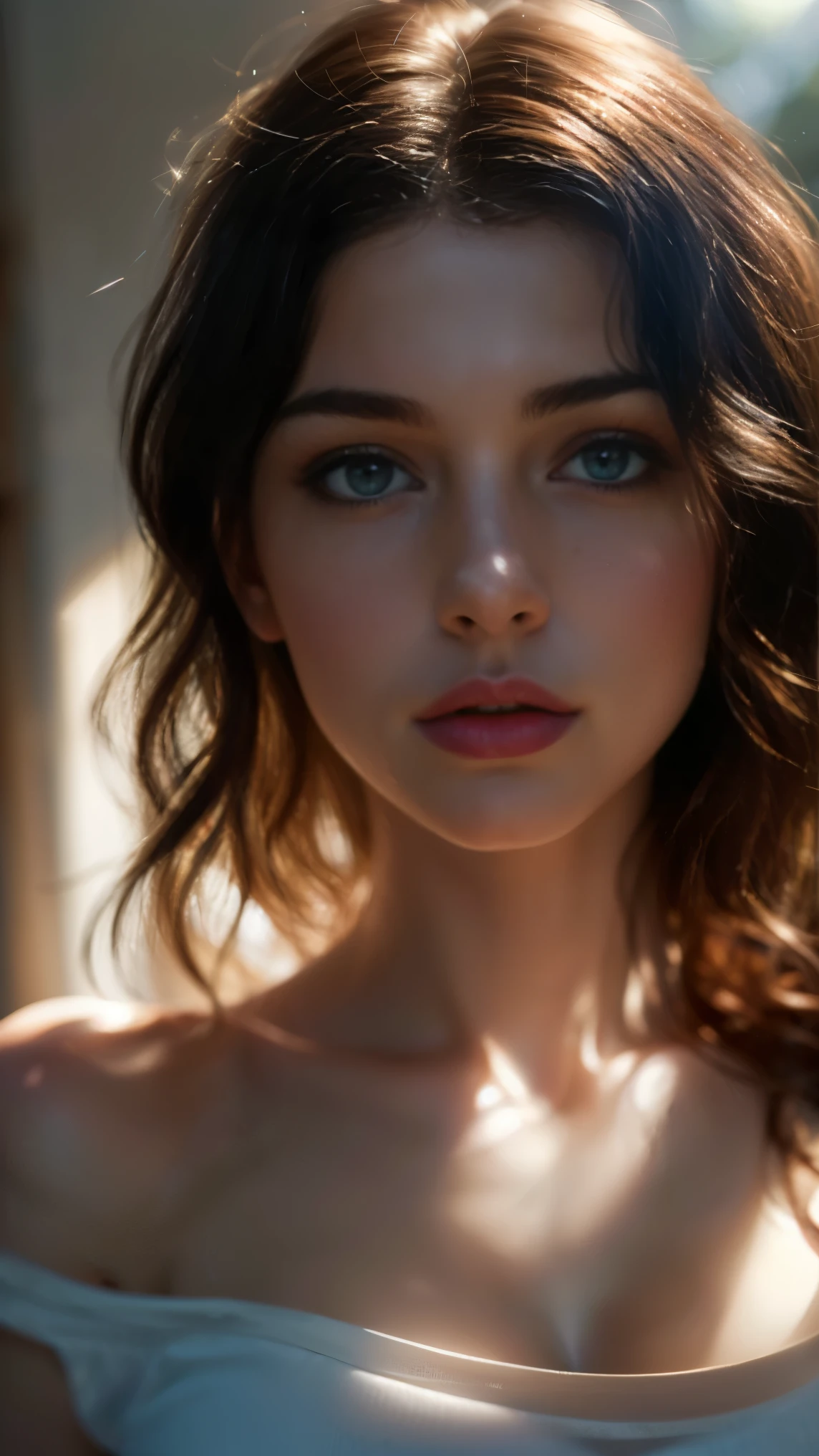 (((ultra realistic))) Photo, masterpiece, top quality, (pale skin), (Ultra detailed face and eyes:1.3), 1 girl, Adult, in a T-shirt, (Eye makeup, mascara) , ((large detailed lips)), ((ash wavy hair)), ((Chyolka)) , (Natural breasts), Slim waist. ((Posing)), photoshoot, studio (soft lighting), (The play of light and shadows), depth of field, bokeh, (special attention to skin detail: 1.2), Detailed leather texture, skin pores. (Airy atmosphere of the frame. Color range - delicate, Bright, white, Pink tones), UDR, ((Film grain)), ((rays)), ((glare of the sun)), ((waist up portrait, close to the camera)) , ultra detialed,