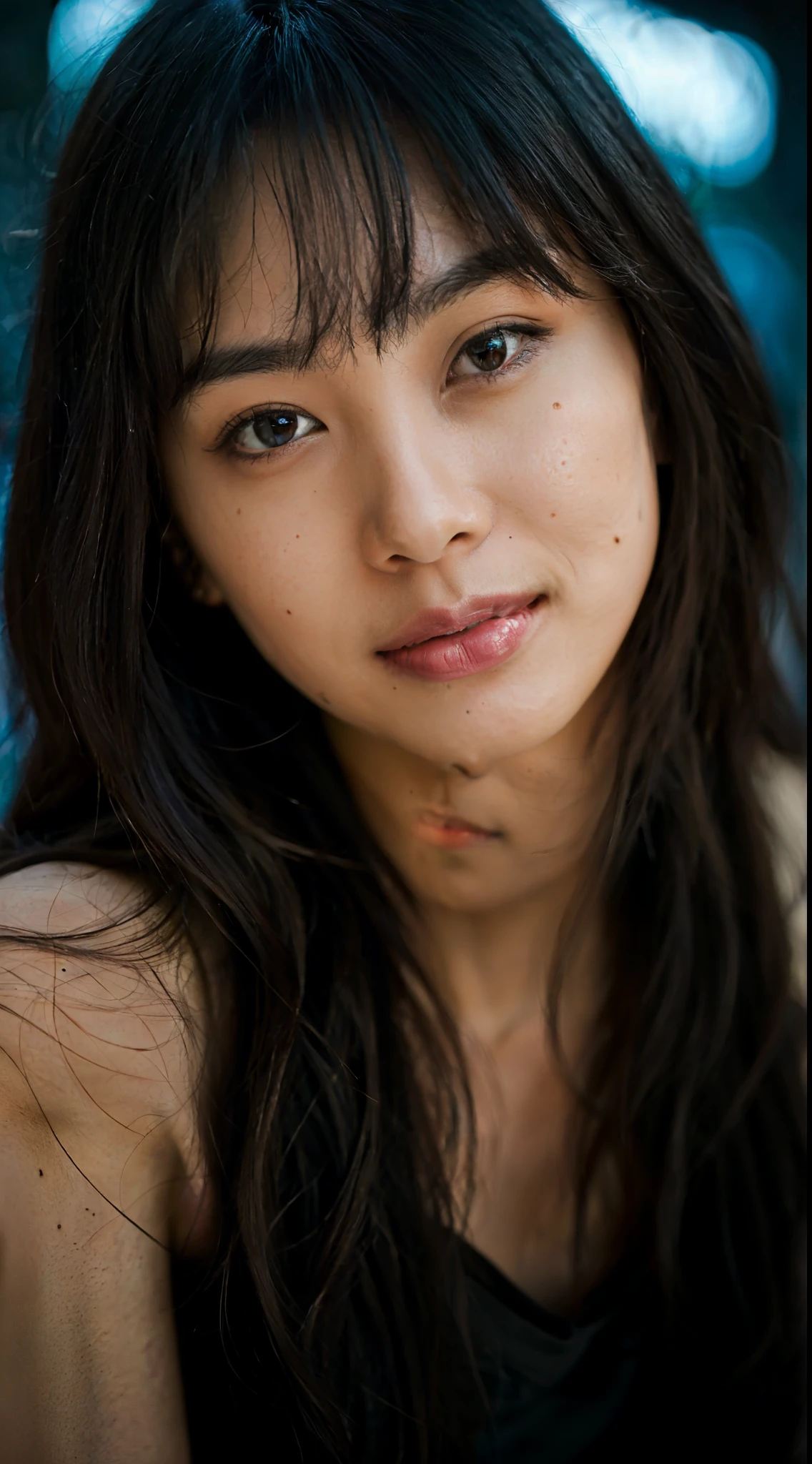 highest quality, epic realistic, ((in the pitch black darkness :1.4)), ((portrait:1.5)),(background: dark ) high contrast ,glorious picture, lowest lux, lighting face, she's comfortable, wearing nothing, , looks incredible, (8k, Raw photo, Highest quality),(epic realistic:1.5), a woman, face,(detailed eyes:0.8),(looking at the camera:1.4), (Highest quality), ( high contrast, deep shadows),Intricate details,cinematic,((skin:1.4)), (long dark hair:1.3), long hair, messy ,(Hdr:1.5),Detailed, colors, Superior quality, Masterpiece, Raw Photo (20-year-old, looking at viewer), beautiful, (wearing plain yellow shirt,), perfect, natural, perfect composition, portrait, perfect face, smiling expression, Captivating eyes, Bright details, Tight lips, (High Skin Detail),, (blue tint: 0.6), (sale: 0.8), (bloody: 0.7), Key lighting , (backlight: 0.5), Medium depth of field, Canon 5d, 50mm lens, f/4 apertures, (Ultra-detailed, Complex detail), sharp focus, soft colors, 8k, Absurd, 80mm, dark background, photography, smiling, pinay, filipina, medium ,