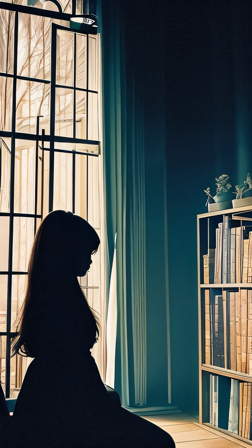 highest quality、masterpiece、beautiful girl silhouette、medium hair、look at books in secret places、scary atmosphere、people feel fear、