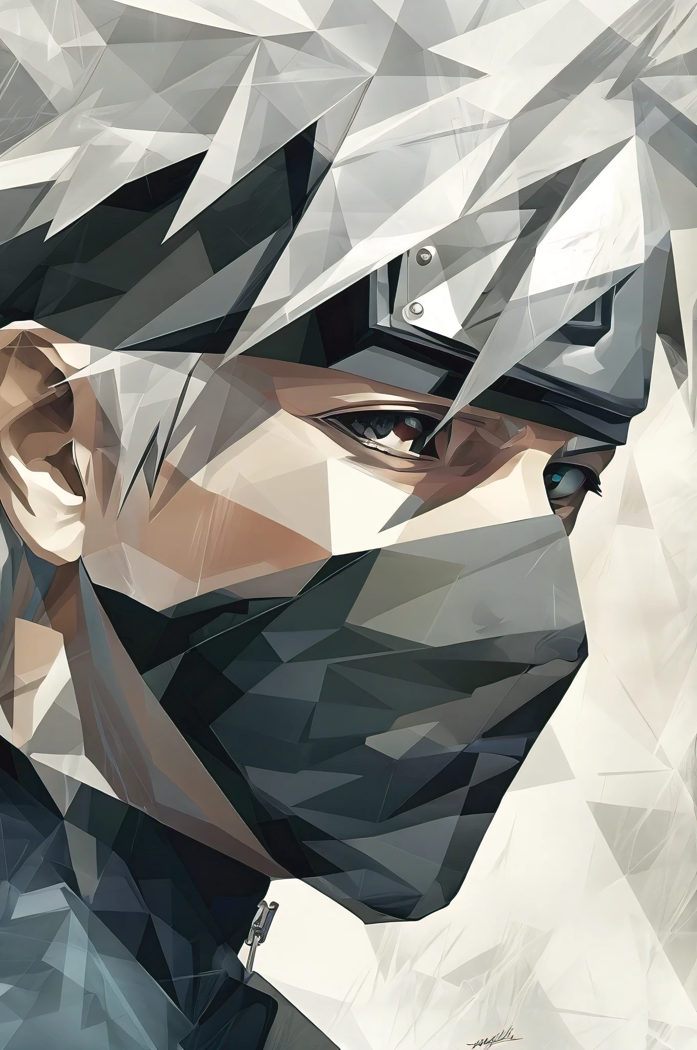 (best quality, masterpiece:1.2), vector art, abstract fine art artwork of Kakashi Hatake, geometric, cel shading