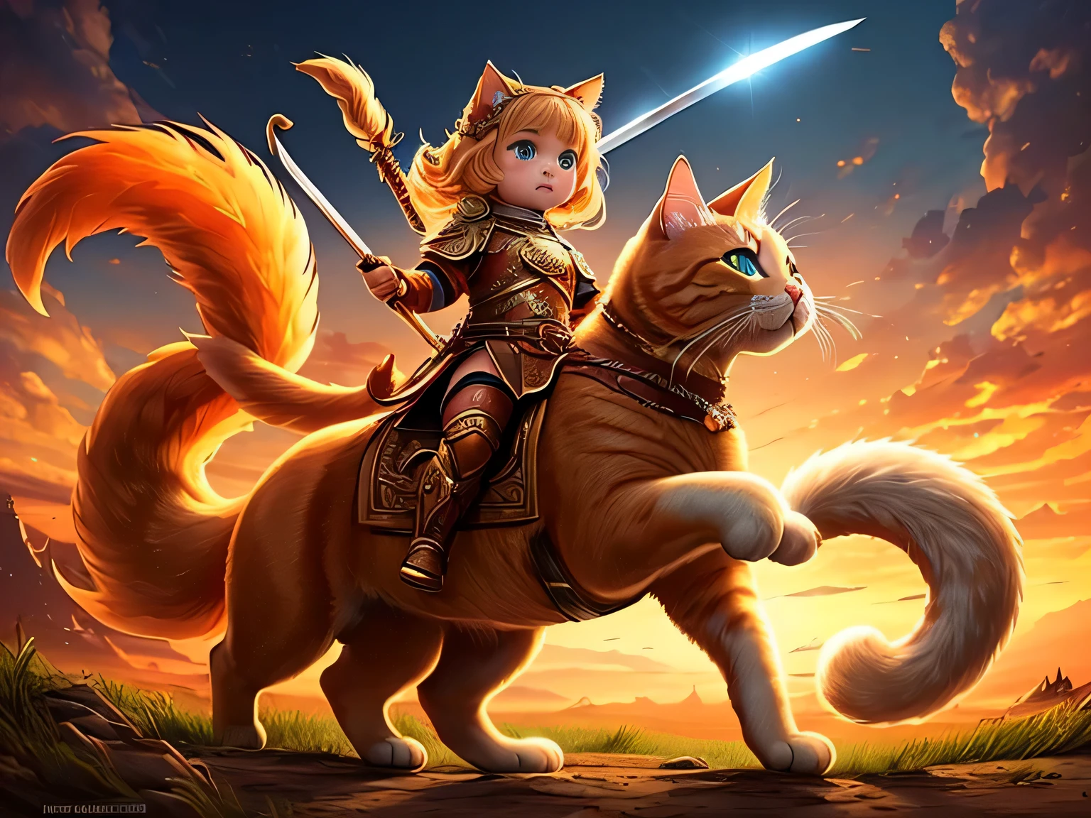 ((best quality)), ((Masterpiece)), (details), perfect face,(A 6-year-old girl wears a warrior outfit and holds a sword that looks like a giant scallion.,Riding a cat into battle),(An orange munchkin cat, a very fat cat., The legs are very short. The belly is 20 cm from the ground.. ,Cat size 1 meter ,has 9 tails ,glowing tail),The backdrop is war. where there are many people