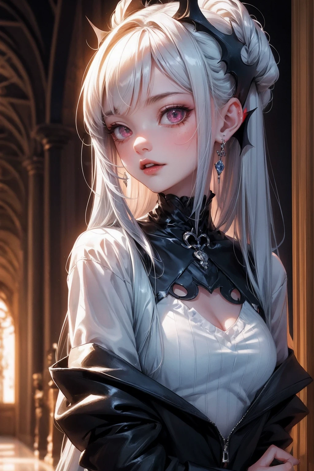(masterpiece:1.3), (8K、best quality:1.3), (1 girl), (solo), (cute, little:1.3), (very cute face:1.3), (Beautiful face with perfect symmetry), (perfect anatomy), (high detail skin), Rendering of anime girls, beautiful silver hair bob cut, intense red eyes, strong eye highlights, (gothic fashion), (Vampire Dracula), (gothic architecture), (Vampire girl standing in the center of the hall), (Bats are flying around the girl), bat-shaped accessories, smiling, cover your mouth with your hand, upper body close-up, volume lighting, soft light, bright, neon, bright color, , Create digital artwork in pop art style