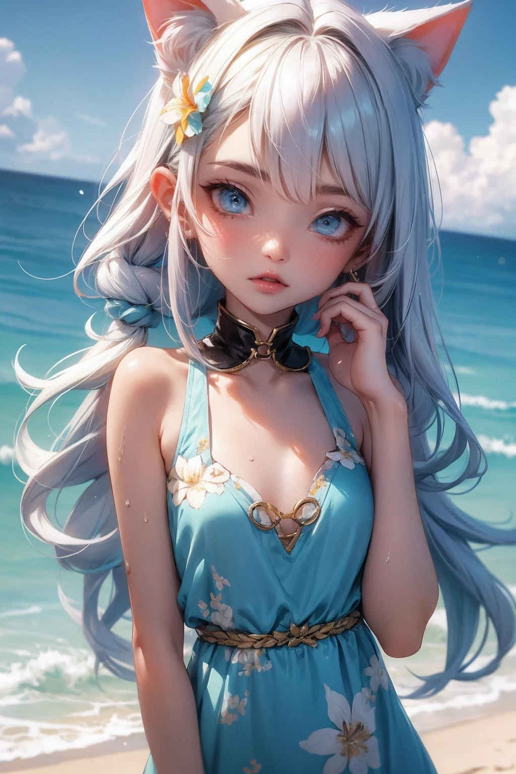 (masterpiece:1.3), (8K、best quality:1.4), (1 girl), (solo), (cute, little:1.5), (very cute face:1.5), (Symmetrical perfect face), (awesome cat ears:1.3), (awesome cat tail:1.3), Create digital artwork in pop art style、Features a girl with long white hair with details、white skin and beautiful appearance、long white hair、blue eyes、wet hair、((teenage girl、12 years old))、wet underwear、sandy beach、beach side、Street fashion、movie color scheme、Surrounded by vintage floral motifs、vivid brush strokes、Emotions must be dynamic、Upper body、drawing、figure、grayscale、tropical、lots of flowers、