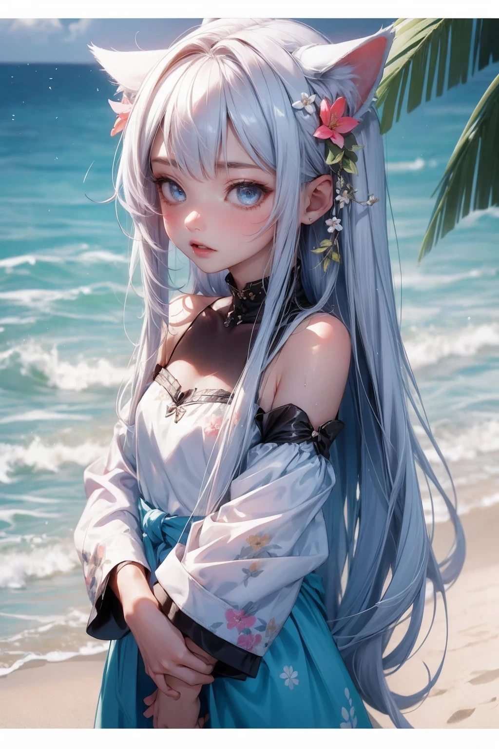 (masterpiece:1.3), (8K、best quality:1.4), (1 girl), (solo), (cute, little:1.5), (very cute face:1.5), (Symmetrical perfect face), (awesome cat ears:1.3), (awesome cat tail:1.3), Create digital artwork in pop art style、Features a girl with long white hair with details、white skin and beautiful appearance、long white hair、blue eyes、wet hair、((teenage girl、12 years old))、wet underwear、sandy beach、beach side、Street fashion、movie color scheme、Surrounded by vintage floral motifs、vivid brush strokes、Emotions must be dynamic、Upper body、drawing、figure、grayscale、tropical、lots of flowers、