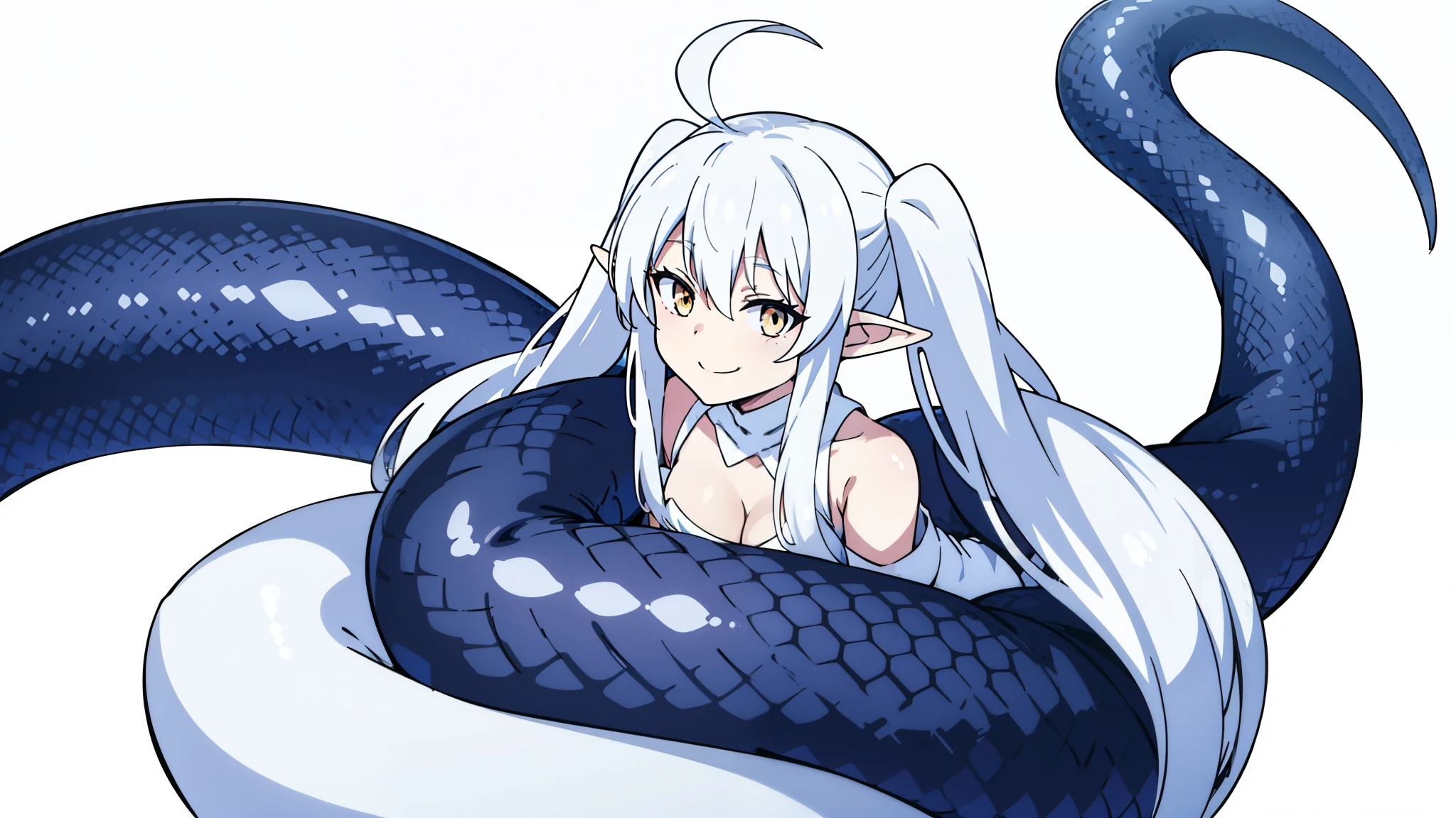 1girl,16s,long hair, twintails,white hair,ahoge,lamia tail,lamia tail,(white background),pointy ears,sleeveless,white shirt,(little cleavage),happy,smile,white eyes