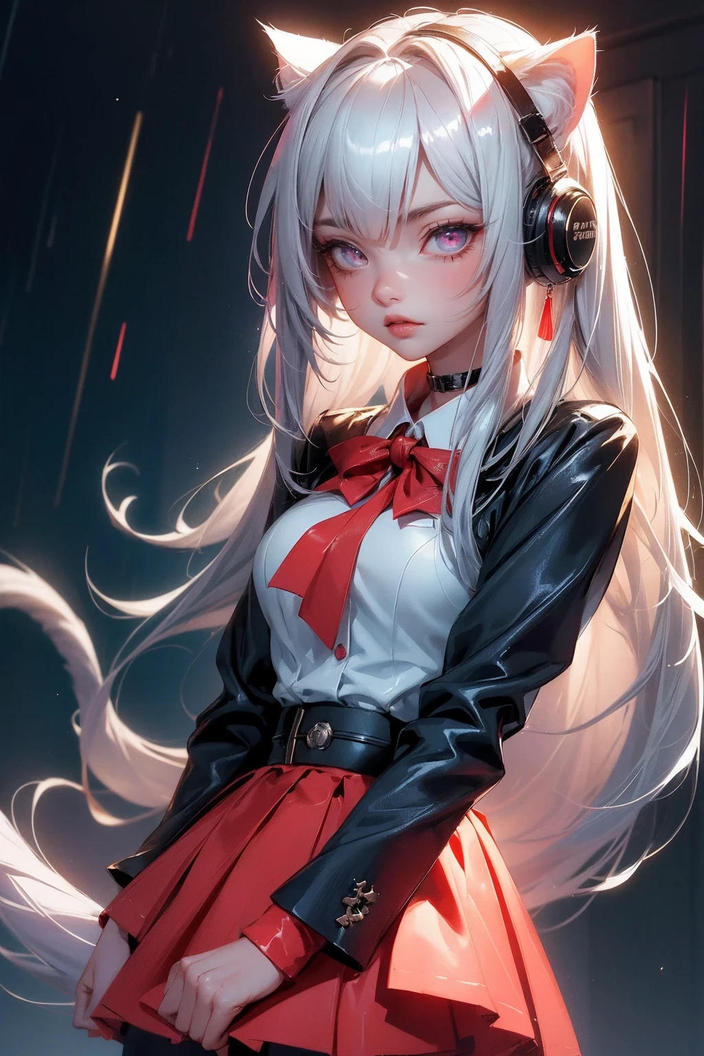 (masterpiece:1.3), (8K、best quality:1.3), Highest image quality, intricate details, high resolution, depth field, Natural light, professional lighting, (1 girl), (solo), gravure, (Asian boyish 18 year old girl), (very beautiful:1.3), (very cute face:1.3), (Beautiful face with perfect symmetry), (high detail skin: 1.2), Photorealistic anime girl rendering, Realistic anime 3D style, beautiful platinum blonde hair, long hair, crossed bangs, asymmetrical bangs, eyelashes, intense red eyes, strong eye highlights, (awesome cat ears:1.3), (awesome cat tail:1.3), very big breasts, perfect anatomy, ((red ribbon tie, Japan High School Uniforms, dark blue long sleeve jacket, white shirt, navy blue flared skirt, mini skirt)), ((Camera angle looking up from the front and slightly below)), decorative choker, (sophisticated headphones), (metallic bra), (Looking back, look up at the camera), it's raining, my body gets wet from the rain, Decadent and futuristic urban area in the evening, (cyberpunk city), (futuristic car, flashing red light), (lightning is shining), (Flashing blue and purple neon tubes), volume lighting, soft light, Bright colors, watercolor painting, bright colors, Create digital artwork in pop art style