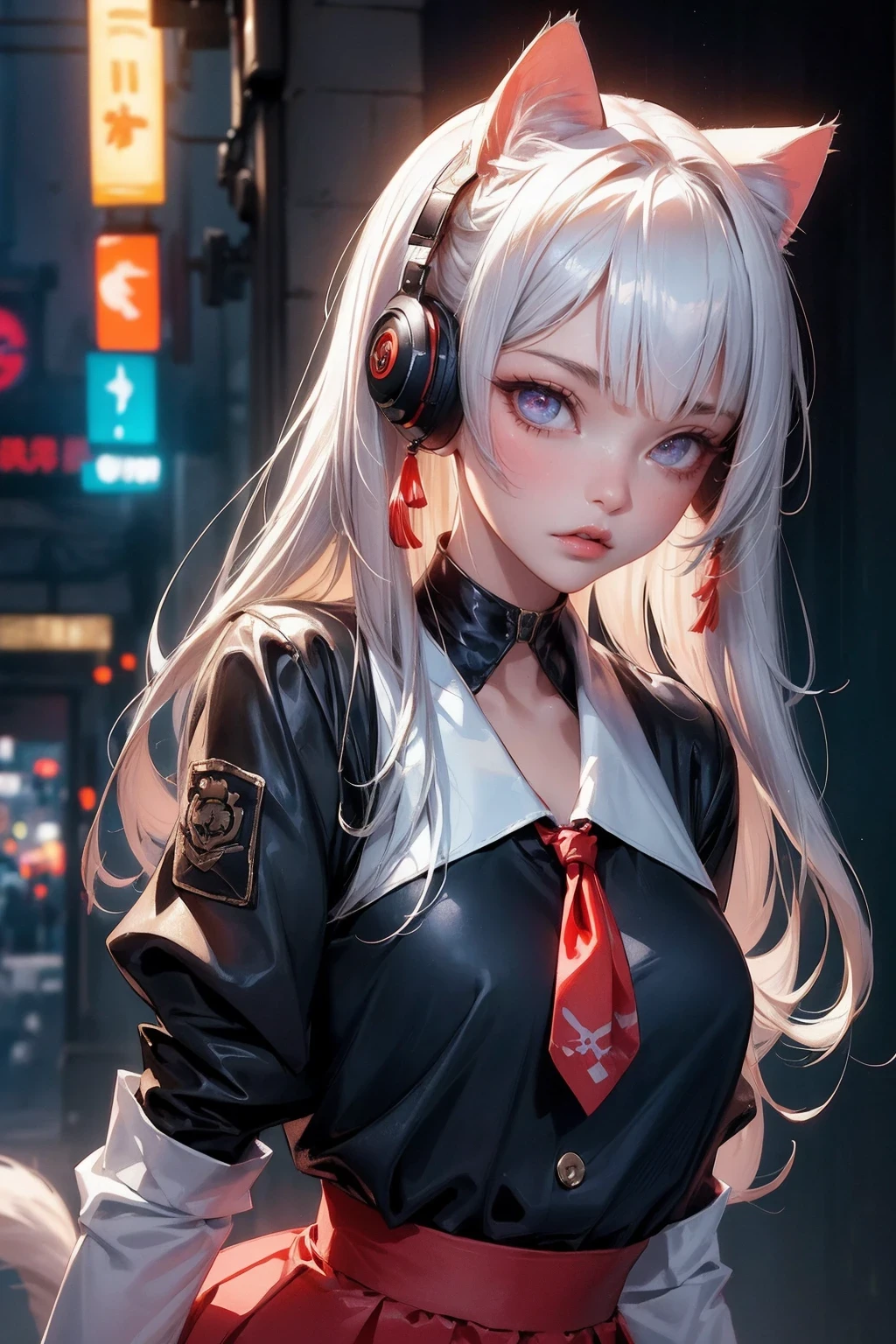 (masterpiece:1.3), (8K、best quality:1.3), Highest image quality, intricate details, high resolution, depth field, Natural light, professional lighting, (1 girl), (solo), gravure, (Asian boyish 18 year old girl), (very beautiful:1.3), (very cute face:1.3), (Beautiful face with perfect symmetry), (high detail skin: 1.2), Photorealistic anime girl rendering, Realistic anime 3D style, beautiful platinum blonde hair, long hair, crossed bangs, asymmetrical bangs, eyelashes, intense red eyes, strong eye highlights, (awesome cat ears:1.3), (awesome cat tail:1.3), very big breasts, perfect anatomy, ((red ribbon tie, Japan High School Uniforms, dark blue long sleeve jacket, white shirt, navy blue flared skirt, mini skirt)), ((Camera angle looking up from the front and slightly below)), decorative choker, (sophisticated headphones), (metallic bra), (Looking back, look up at the camera), it&#39;s raining, my body gets wet from the rain, Decadent and futuristic urban area in the evening, (cyberpunk city), (futuristic car, flashing red light), (lightning is shining), (Flashing blue and purple neon tubes), volume lighting, soft light, Bright colors, watercolor painting, bright colors, Create digital artwork in pop art style