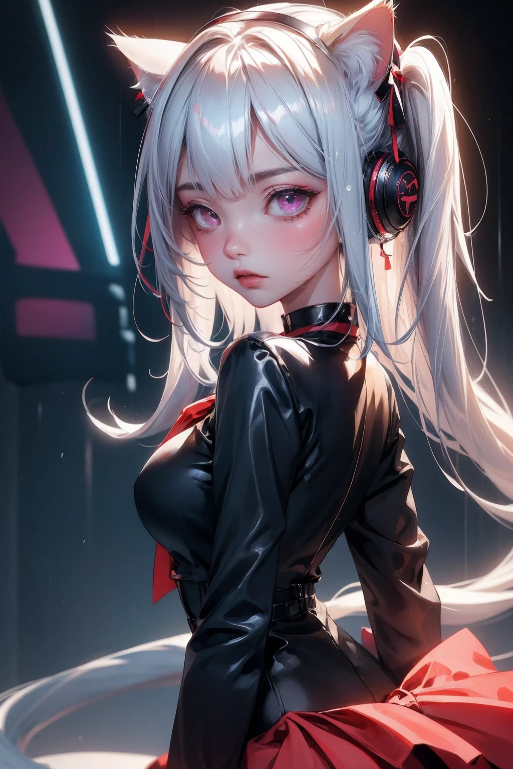 (masterpiece:1.3), (8K、best quality:1.3), Highest image quality, intricate details, high resolution, depth field, Natural light, professional lighting, (1 girl), (solo), gravure, (Asian boyish 18 year old girl), (very beautiful:1.3), (very cute face:1.3), (Beautiful face with perfect symmetry), (high detail skin: 1.2), Photorealistic anime girl rendering, Realistic anime 3D style, beautiful platinum blonde hair, long hair, crossed bangs, asymmetrical bangs, eyelashes, intense red eyes, strong eye highlights, (awesome cat ears:1.3), (awesome cat tail:1.3), very big breasts, perfect anatomy, ((red ribbon tie, Japan High School Uniforms, dark blue long sleeve jacket, white shirt, navy blue flared skirt, mini skirt)), ((Camera angle looking up from the front and slightly below)), decorative choker, (sophisticated headphones), (metallic bra), (Looking back, look up at the camera), it's raining, my body gets wet from the rain, Decadent and futuristic urban area in the evening, (cyberpunk city), (futuristic car, flashing red light), (lightning is shining), (Flashing blue and purple neon tubes), volume lighting, soft light, Bright colors, watercolor painting, bright colors, Create digital artwork in pop art style