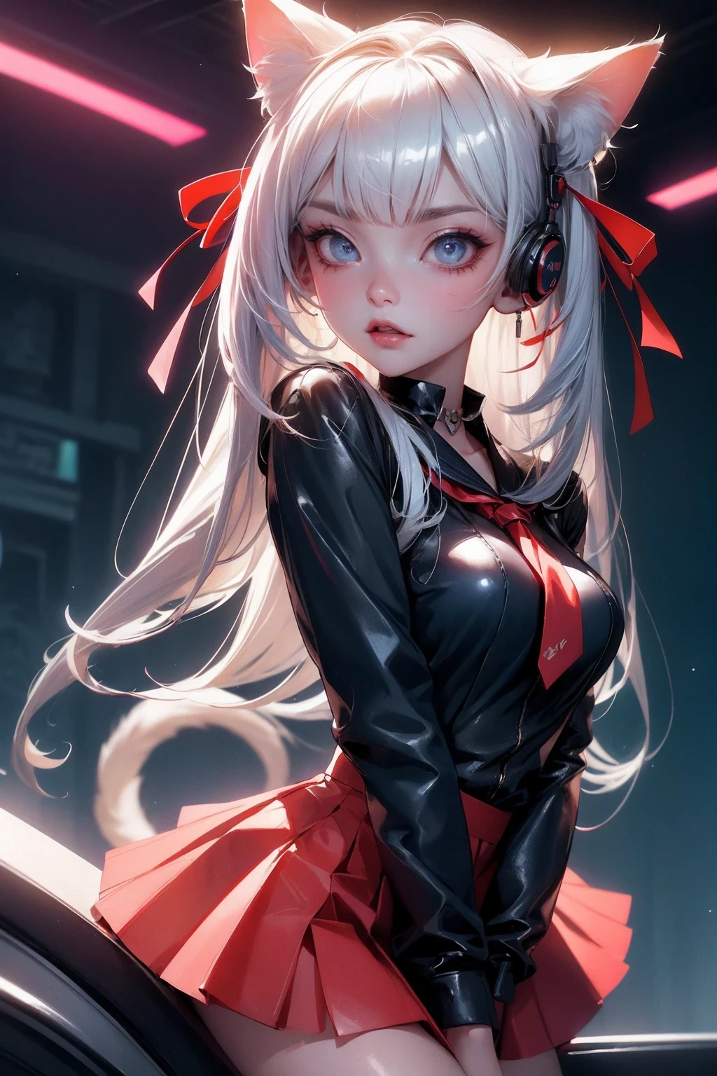 (masterpiece:1.3), (8K、best quality:1.3), Highest image quality, intricate details, high resolution, depth field, Natural light, professional lighting, (1 girl), (solo), gravure, (Asian boyish 18 year old girl), (very beautiful:1.3), (very cute face:1.3), (Beautiful face with perfect symmetry), (high detail skin: 1.2), Photorealistic anime girl rendering, Realistic anime 3D style, beautiful platinum blonde hair, long hair, crossed bangs, asymmetrical bangs, eyelashes, intense red eyes, strong eye highlights, (awesome cat ears:1.3), (awesome cat tail:1.3), very big breasts, perfect anatomy, ((red ribbon tie, Japan High School Uniforms, dark blue long sleeve jacket, white shirt, navy blue flared skirt, mini skirt)), ((Camera angle looking up from the front and slightly below)), decorative choker, (sophisticated headphones), (metallic bra), (Jump big:1.2), it&#39;s raining, my body gets wet from the rain, Decadent and futuristic urban area in the evening, (cyberpunk city), (futuristic car, flashing red light), (lightning is shining), (Flashing blue and purple neon tubes), volume lighting, soft light, Bright colors, watercolor painting, bright colors, Create digital artwork in pop art style