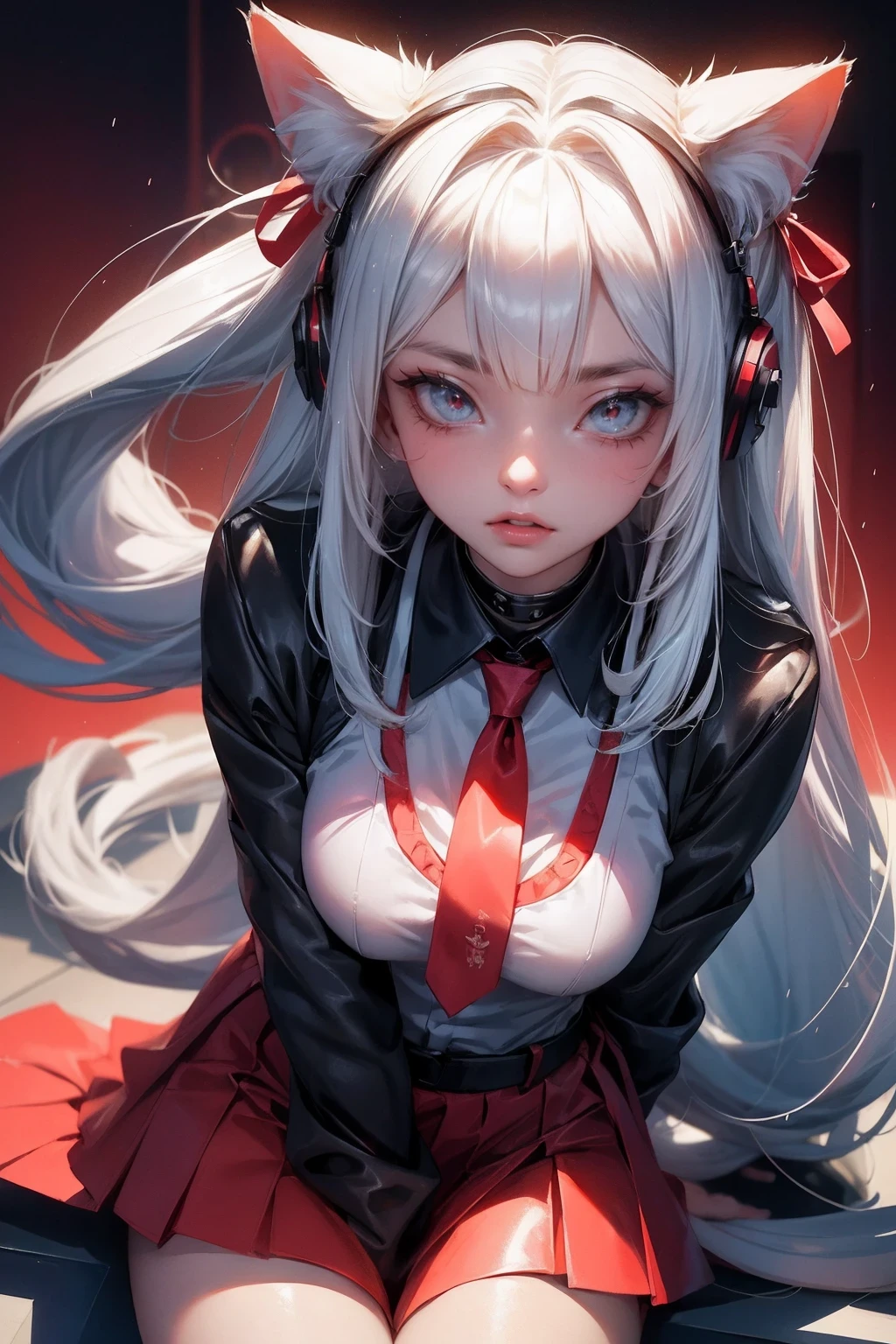 (masterpiece:1.3), (8K、best quality:1.3), Highest image quality, intricate details, high resolution, depth field, Natural light, professional lighting, (1 girl), (solo), gravure, (Asian boyish 18 year old girl), (very beautiful:1.3), (very cute face:1.3), (Beautiful face with perfect symmetry), (high detail skin: 1.2), Photorealistic anime girl rendering, Realistic anime 3D style, beautiful platinum blonde hair, long hair, crossed bangs, asymmetrical bangs, eyelashes, intense red eyes, strong eye highlights, (awesome cat ears:1.3), (awesome cat tail:1.3), very big breasts, perfect anatomy, ((red ribbon tie, Japan High School Uniforms, dark blue long sleeve jacket, white shirt, navy blue flared skirt, mini skirt)), ((Camera angle looking up from the front and slightly below)), decorative choker, (sophisticated headphones), (metallic bra), (Jump big:1.2), it&#39;s raining, my body gets wet from the rain, Decadent and futuristic urban area in the evening, (cyberpunk city), (futuristic car, flashing red light), (lightning is shining), (Flashing blue and purple neon tubes), volume lighting, soft light, Bright colors, watercolor painting, bright colors, Create digital artwork in pop art style