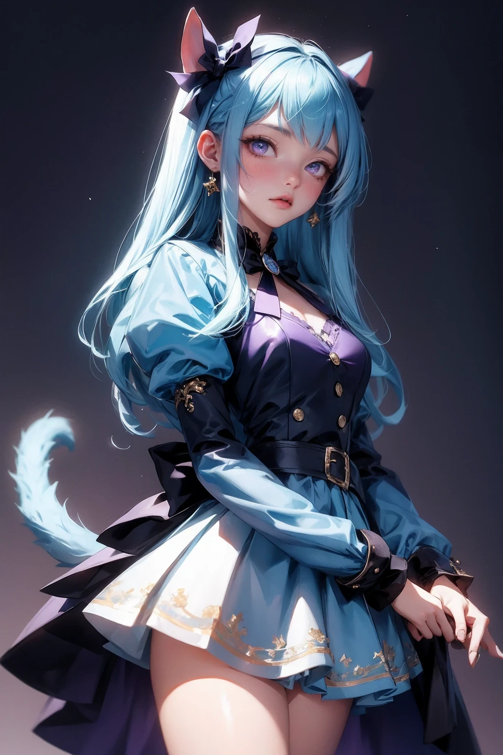 1 girl, Frederica Bernkastel, Bangs, blue bow, blue hair, blunt Bangs, bow, Hold your chest, cat tail, arms crossed, skirt, long hair, long sleeve, purple eyes, Simple background, alone, tail bow, Tail accessories, tail raised, Tail strap