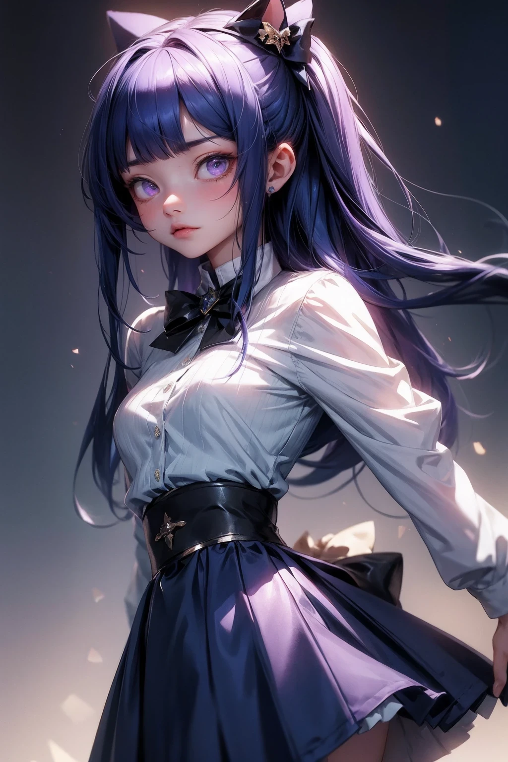 1 girl, Frederica Bernkastel, Bangs, blue bow, blue hair, blunt Bangs, bow, Hold your chest,  cat tail, arms crossed, skirt, long hair, long sleeve, purple eyes, Simple background, alone, tail bow, Tail accessories, tail raised, Tail strap