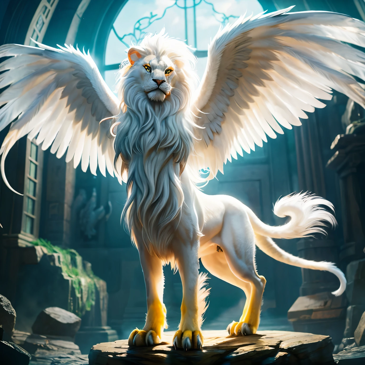 imaginary creature, myth, Legend, All White Griffon, Lion holding hind legs, cat head, eagle's paw, and eagle wings , 8K