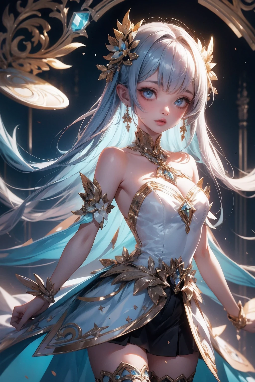 crystal covered, upper body, side shot, alternate color, masterpiece, detailed illustration, realistic, pixiv top quality, exquisite, {{{kawaii 1girl}}}, ultra beauties who fuse with machines, elaborate shabby chic pattern, glitter beautiful female, Half of my body is made of machines, transparent glass body, The machines inside the body are transparent, cinematic lighting, dynamic angle, dynamic pose, crystal world, depth of field