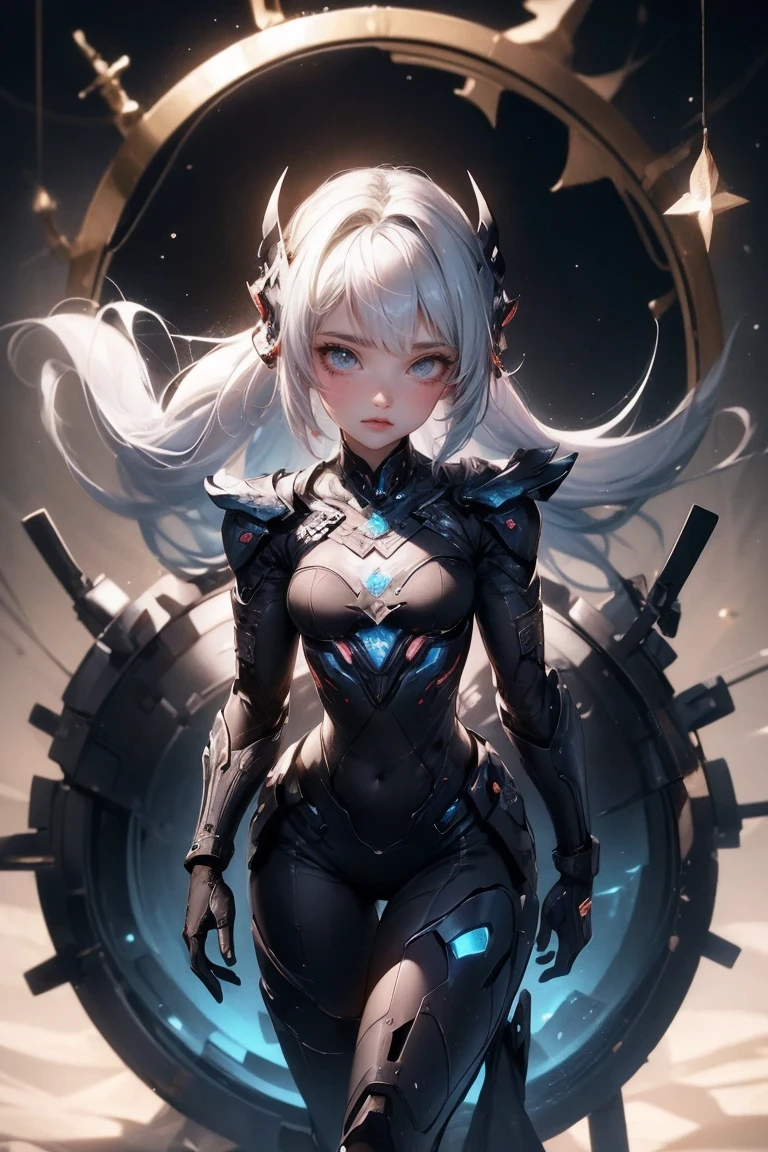 ticker mechanism, Beautiful eyes, Upper body, (Mechanic Armor), Portrait、abyss、Shooting with a wide-angle lens,Lightning from Kaleidoscope Hand、flying though the air、flawless、Neon light, 8K, raw, Best Quality, masutepiece, 超A high resolution, Colorful, (medium wide shot), (Dynamic perspective), sharp focus , (depth of fields, Bokeh:1.3), extremely detailed eye and face,ninjartist, Beautiful detailed eyes、Black gold, Trimmed gear:1.2), ((masutepiece, Best Quality)), Detailed background, Inside the spacecraft、Hold your weapon、(Gray hair)、brue eyes、poneyTail、dirty、bio luminescent、lots of crescent moons、Photographed with Canon R5、Dark Fantasy,masterpiece,connected to the plug、spectrum、Space City、Highly detailed beautiful porcelain profile female android face、Complex 3D rendering of a headset、cyborgs、roboticparts、150mm、Beautiful studio soft lights、Rim Light、Vivid details、luxuriouscyberpunk、Ren Hao、surrealistic、Anatomical、face muscles、cable electric wires、microchips、elegent、beatiful backgrounds、octan render、HR Giger Style、8K、top-quality、masterpiece、illustratio、extremely delicate and beautiful、ighly detailed、nffsw ,Unity ,wall-paper,magnifica, Attention to detail, masterpiece,top-quality,Official art,Highly detailed ticker Unity 8K wallpapers、、Silver Halmet、((full body Esbian))